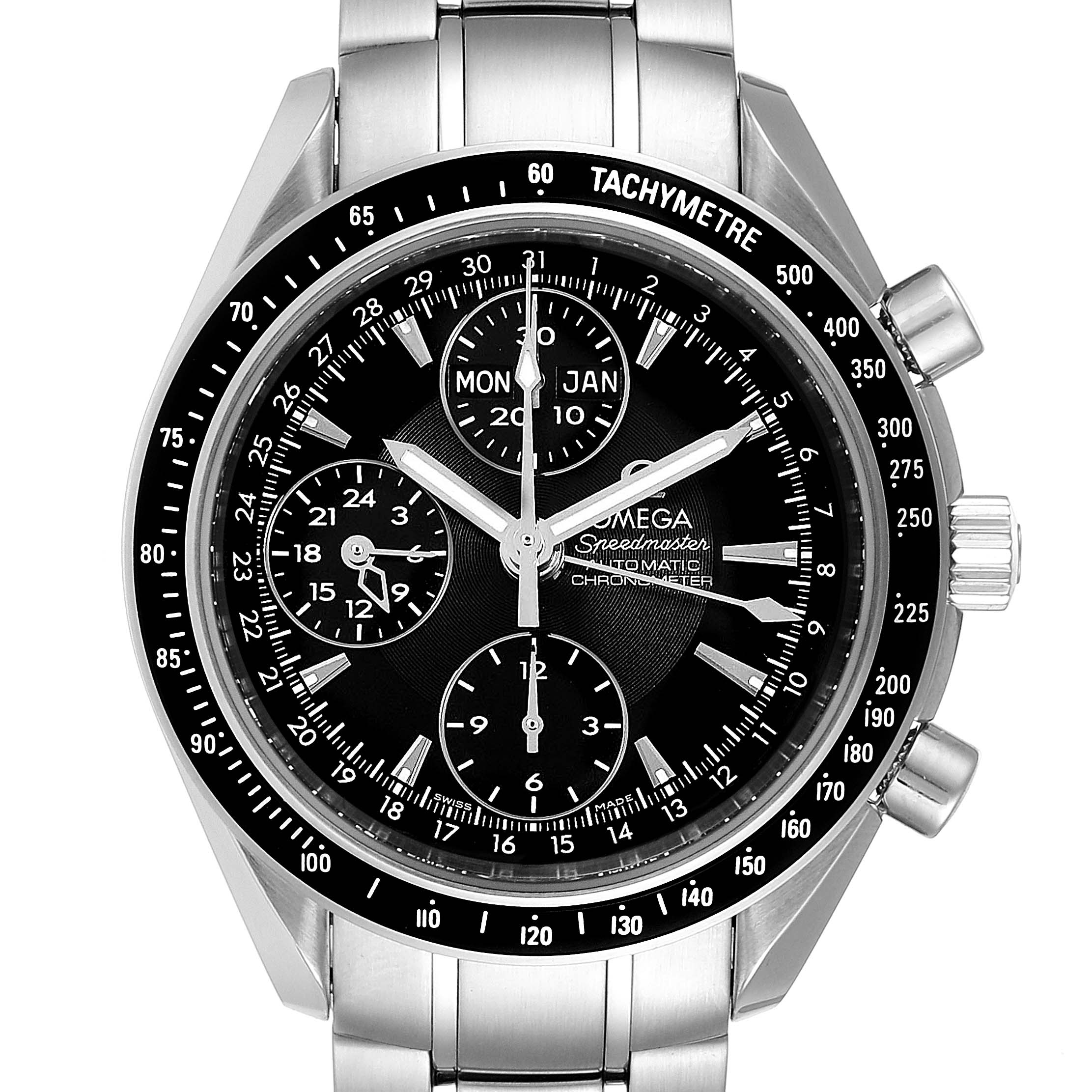 The image shows the front view of an Omega Speedmaster 3220.50.00 Men
s Stainless Steel Black Dial 3220.50.00 Men
s Stainless Steel Black Dial watch, highlighting its dial, sub-dials, and tachymeter bezel.