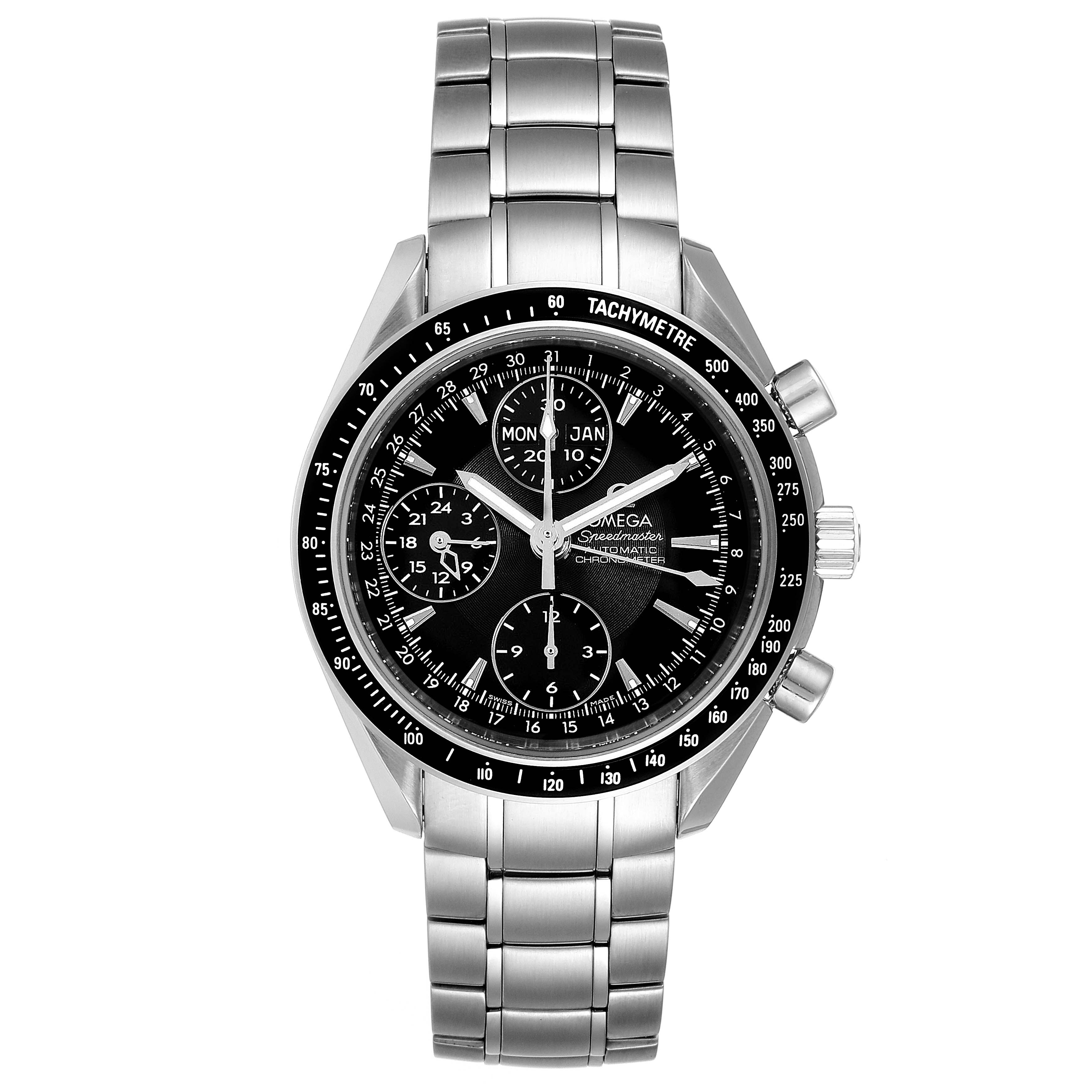 The Omega Speedmaster 3220.50.00 Men
s Stainless Steel Black Dial 3220.50.00 Men
s Stainless Steel Black Dial watch is shown from a front angle, displaying its dial, bezel, and metal bracelet.