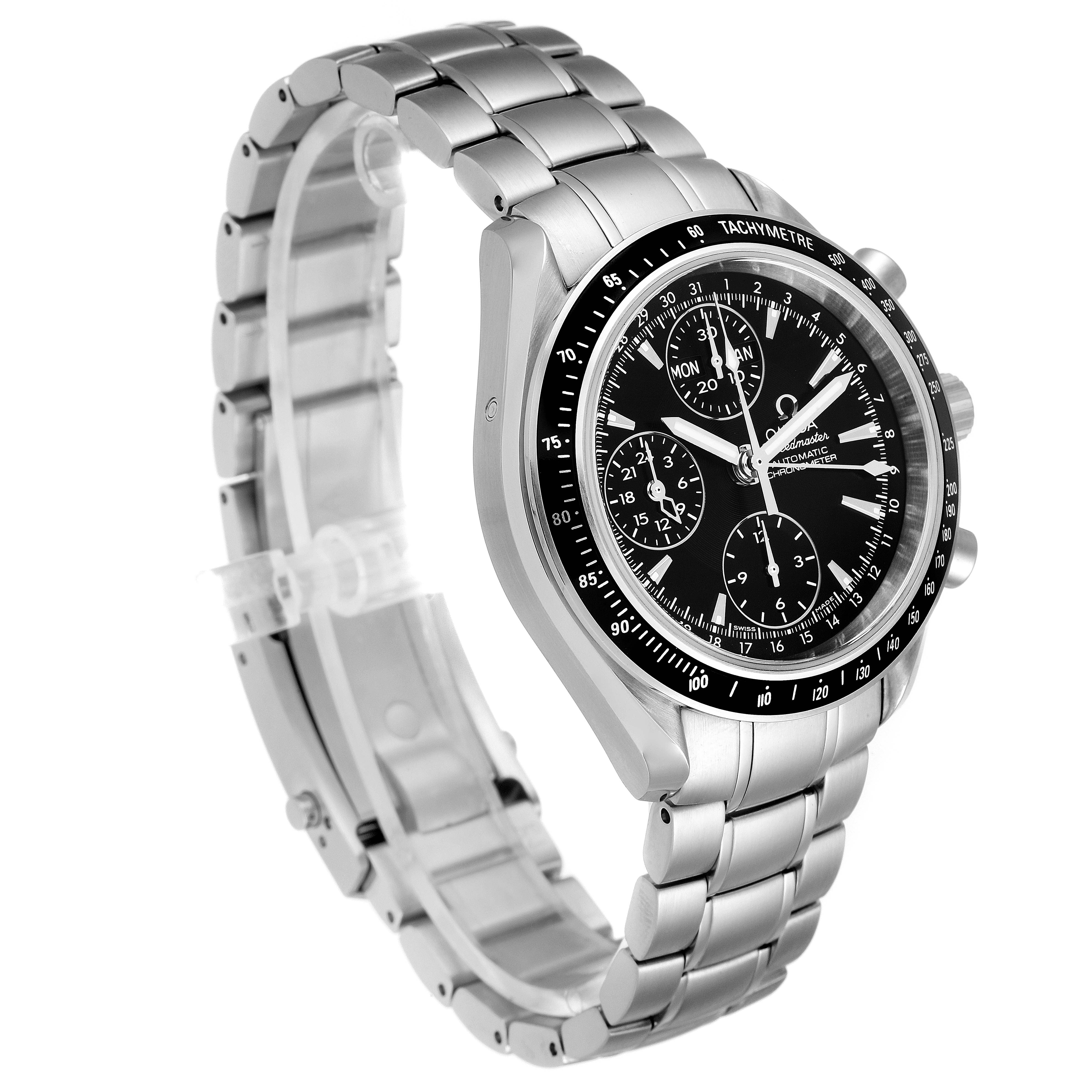 The Omega Speedmaster 3220.50.00 Men
s Stainless Steel Black Dial 3220.50.00 Men
s Stainless Steel Black Dial watch is shown at an angle highlighting its face, chronograph dials, and stainless steel bracelet.