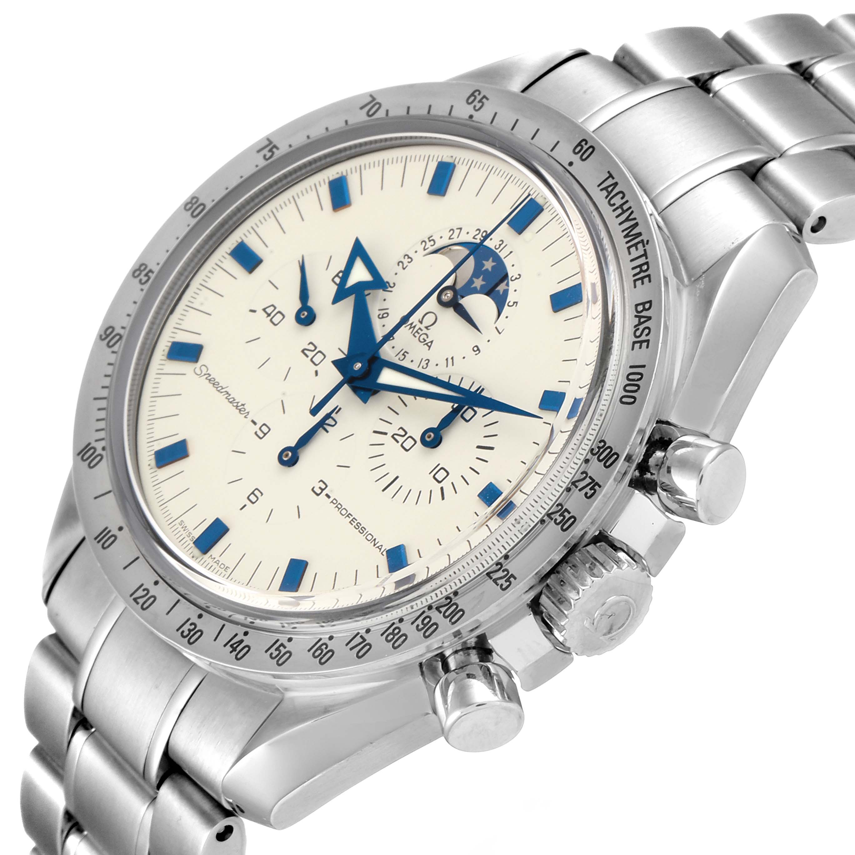The Omega Speedmaster 3575.20.00 Men's Stainless Steel White Dial 3575.20.00 Men's Stainless Steel White Dial watch is shown from a slight side angle, displaying the face, bezel, crown, and pushers.