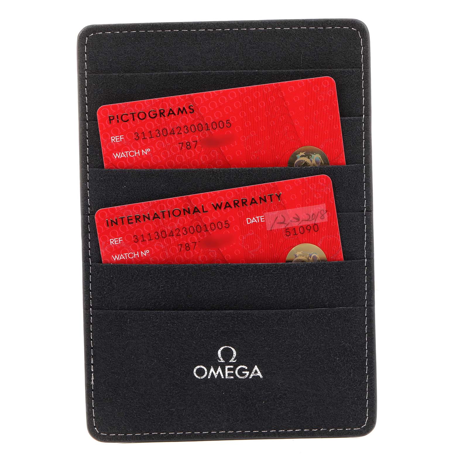 This image shows the warranty and pictogram cards for an Omega Speedmaster 311.30.42.30.01.005 Men
s Stainless Steel Black Dial 311.30.42.30.01.005 Men
s Stainless Steel Black Dial watch, placed in a black cardholder.