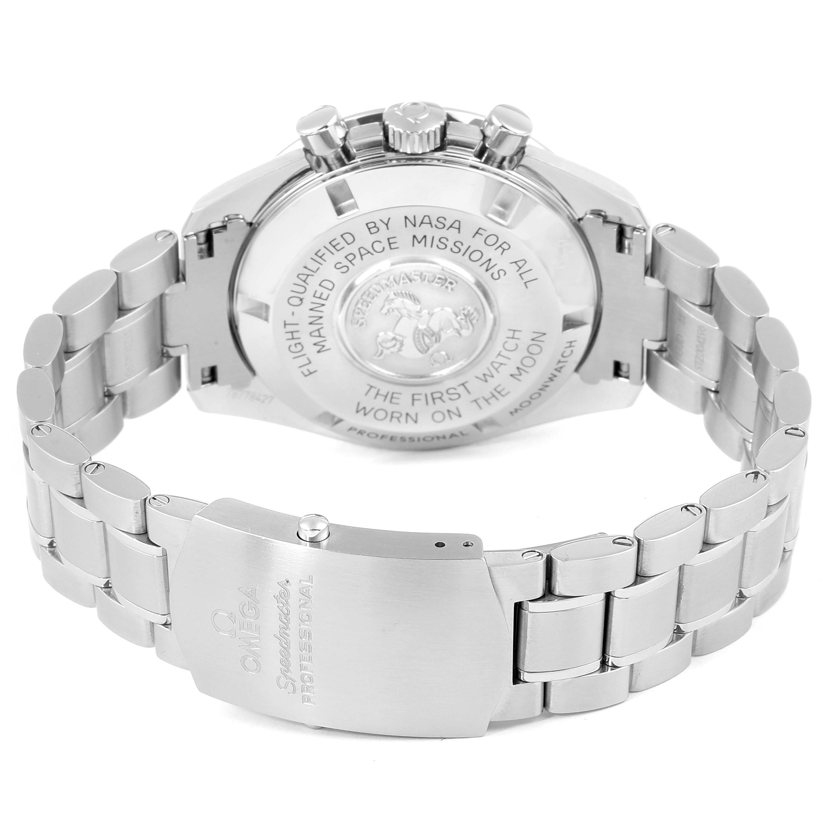 The image shows the case back and bracelet of the Omega Speedmaster 311.30.42.30.01.005 Men
s Stainless Steel Black Dial 311.30.42.30.01.005 Men
s Stainless Steel Black Dial watch from a rear angle.