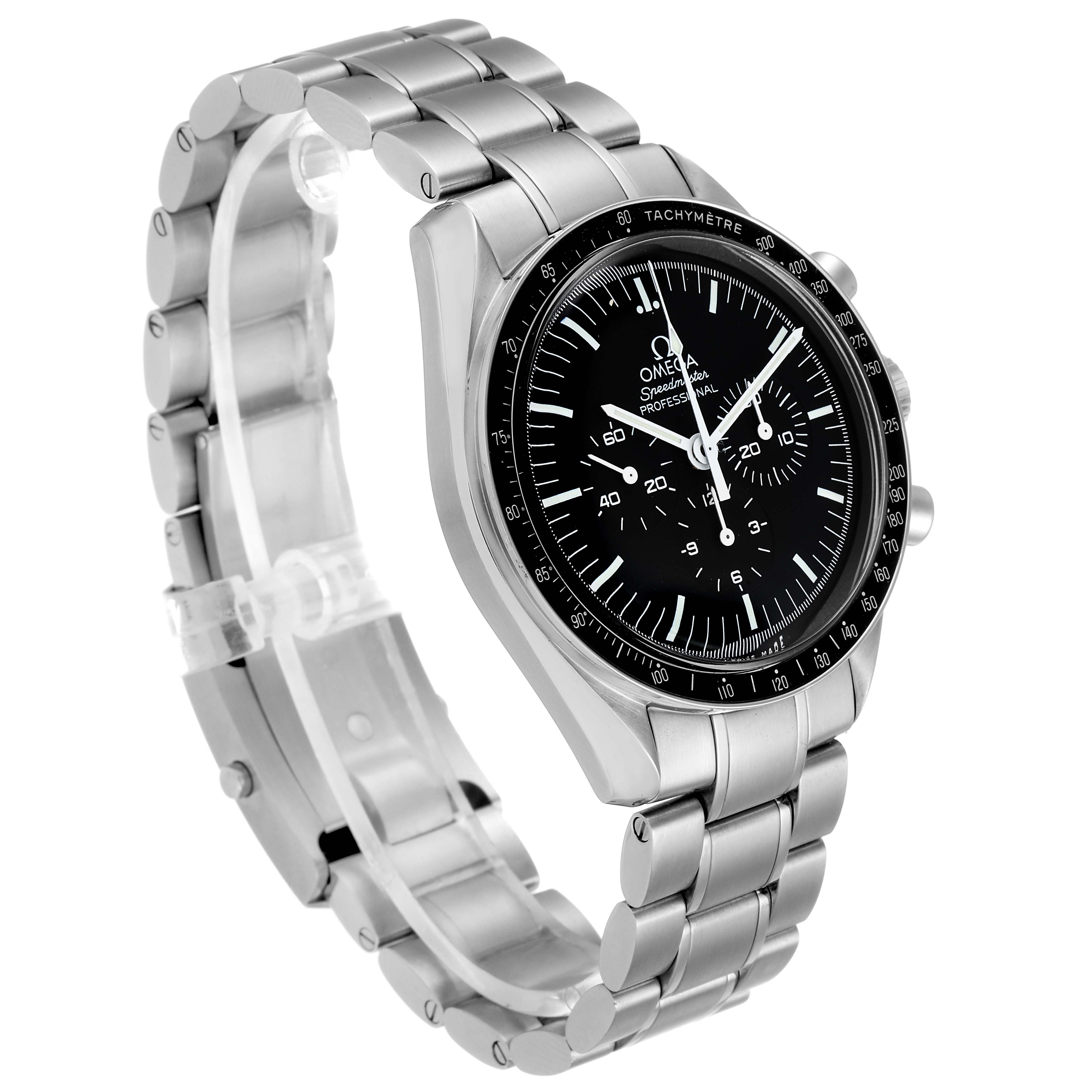 The image shows an Omega Speedmaster 311.30.42.30.01.005 Men
s Stainless Steel Black Dial 311.30.42.30.01.005 Men
s Stainless Steel Black Dial watch from an angled side view, displaying its bracelet, case, and chronograph dial.