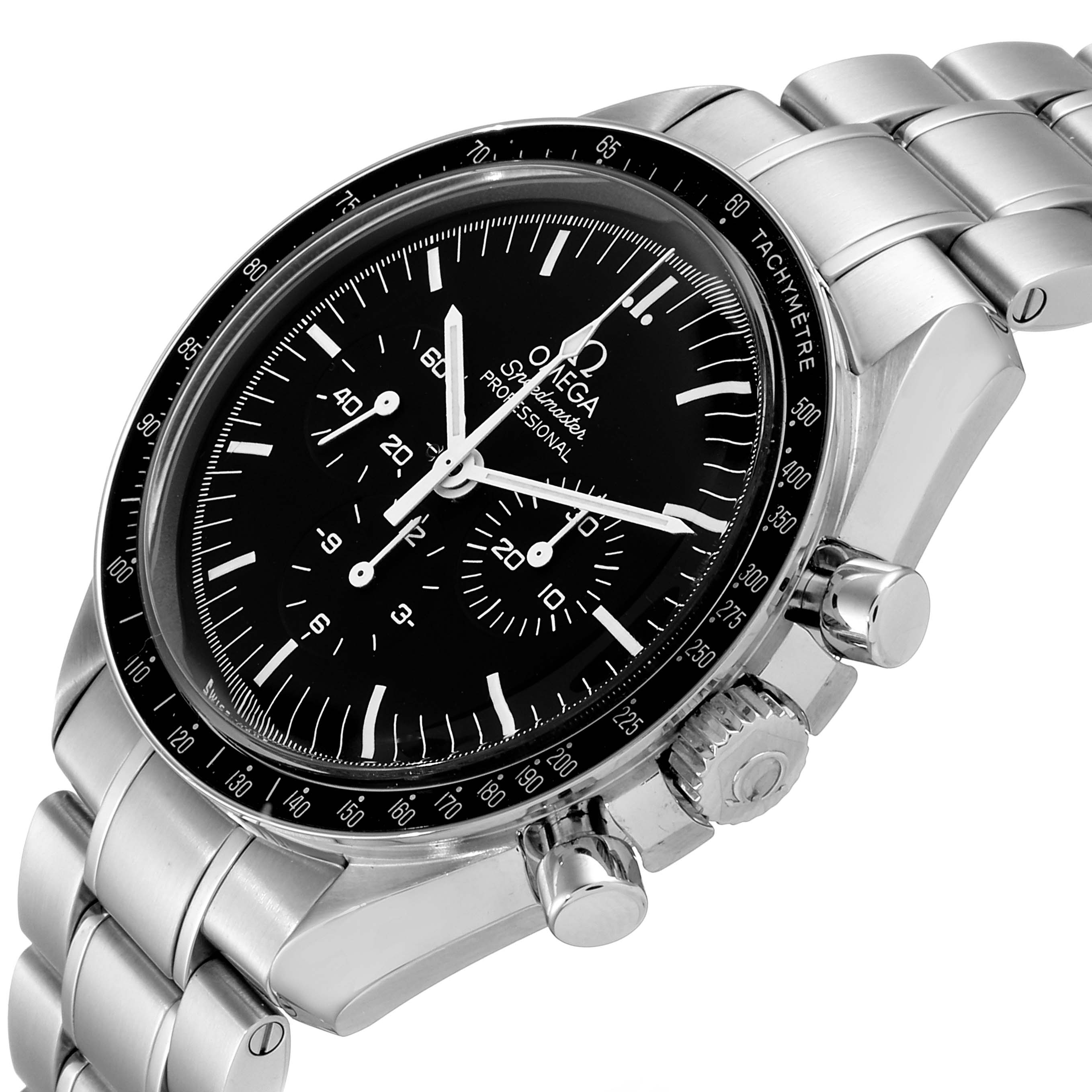 This Omega Speedmaster 311.30.42.30.01.005 Men
s Stainless Steel Black Dial 311.30.42.30.01.005 Men
s Stainless Steel Black Dial watch is shown from an angle displaying the face, bezel, crown, pushers, and part of the bracelet.