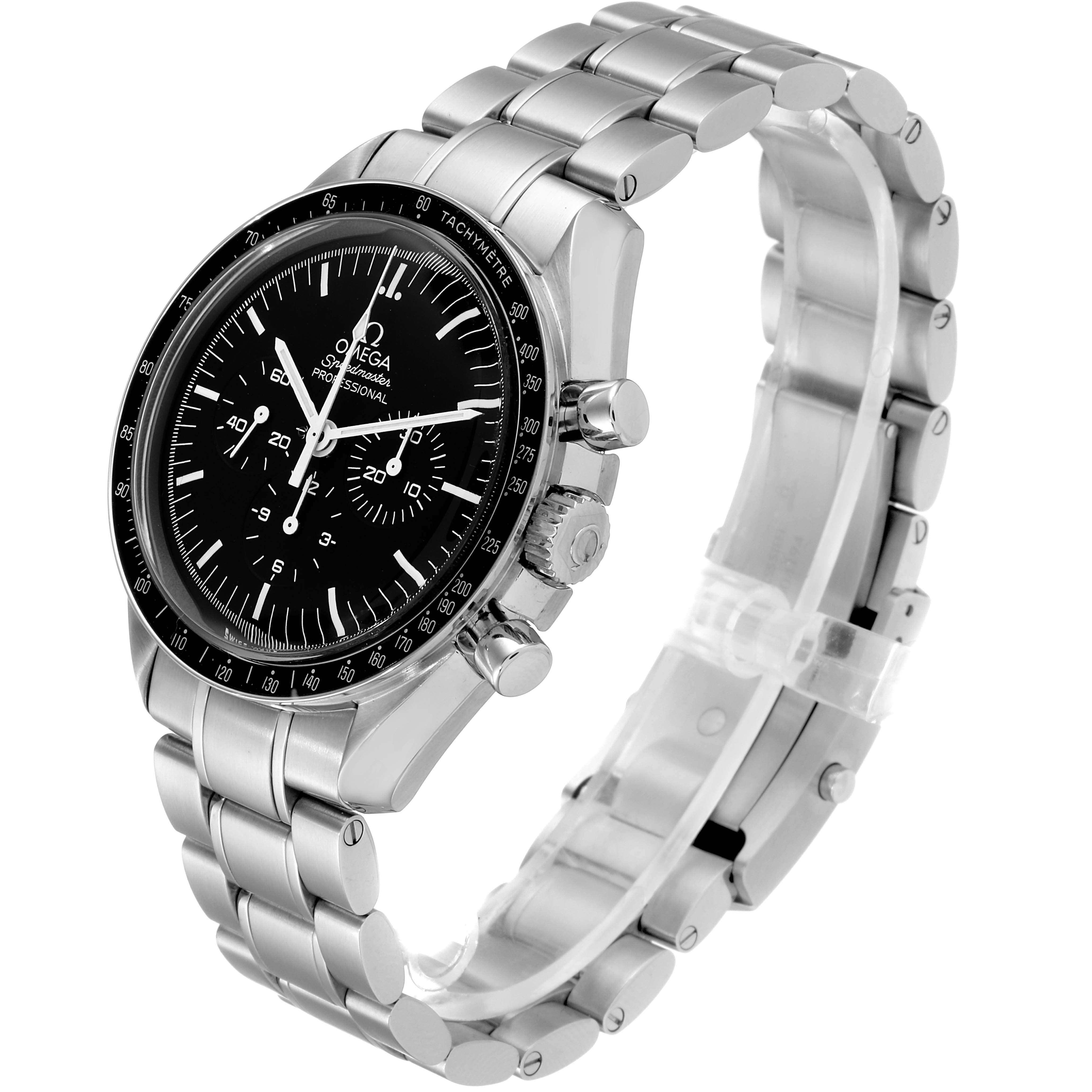 This image shows a side and slightly angled perspective of an Omega Speedmaster 311.30.42.30.01.005 Men
s Stainless Steel Black Dial 311.30.42.30.01.005 Men
s Stainless Steel Black Dial watch, highlighting its face, crown, and bracelet.