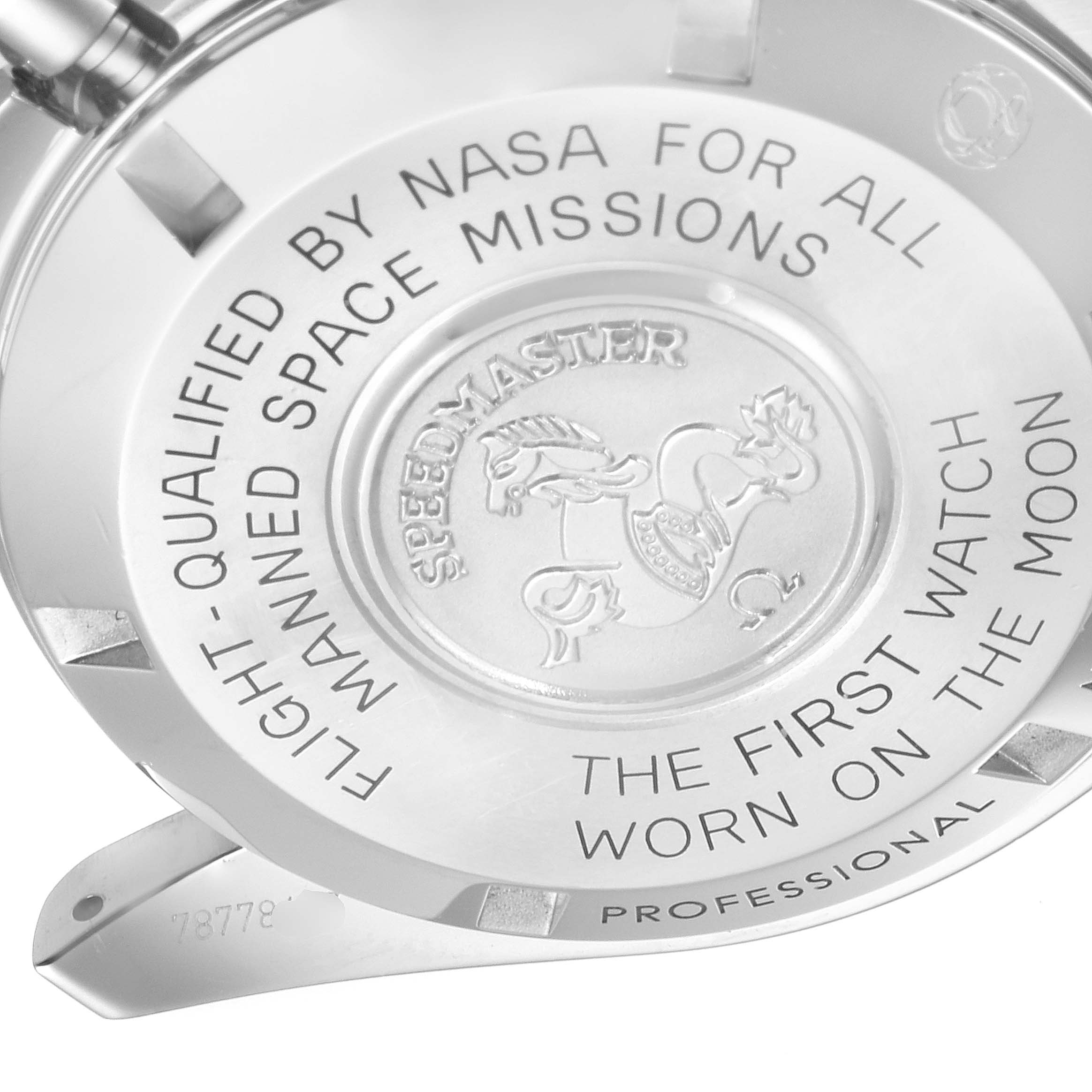 The image shows the case back of an Omega Speedmaster 311.30.42.30.01.005 Men
s Stainless Steel Black Dial 311.30.42.30.01.005 Men
s Stainless Steel Black Dial watch, featuring engraved text and emblem.