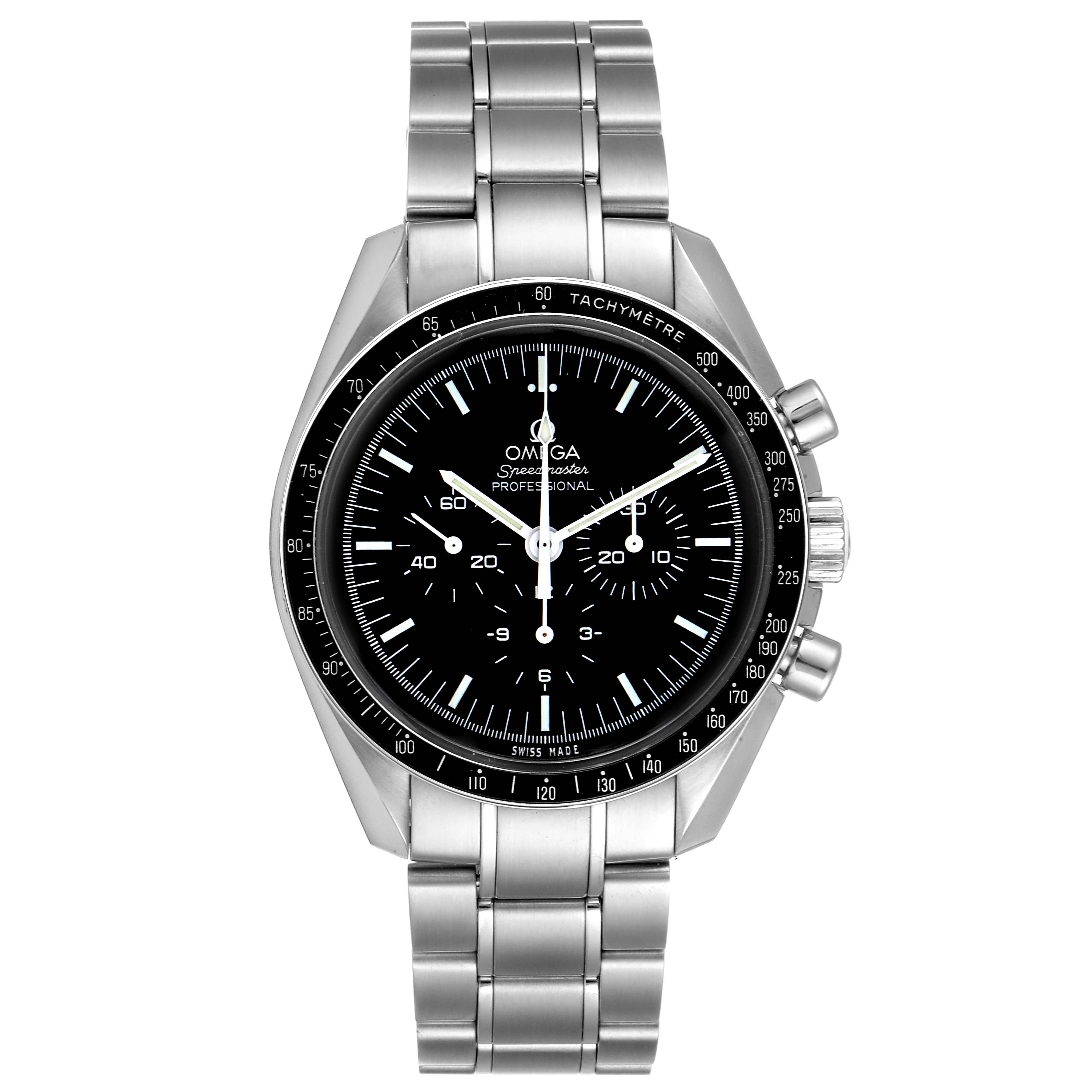 The image shows a front view of the Omega Speedmaster 311.30.42.30.01.005 Men
s Stainless Steel Black Dial 311.30.42.30.01.005 Men
s Stainless Steel Black Dial, displaying its dial, bezel, and stainless steel bracelet.