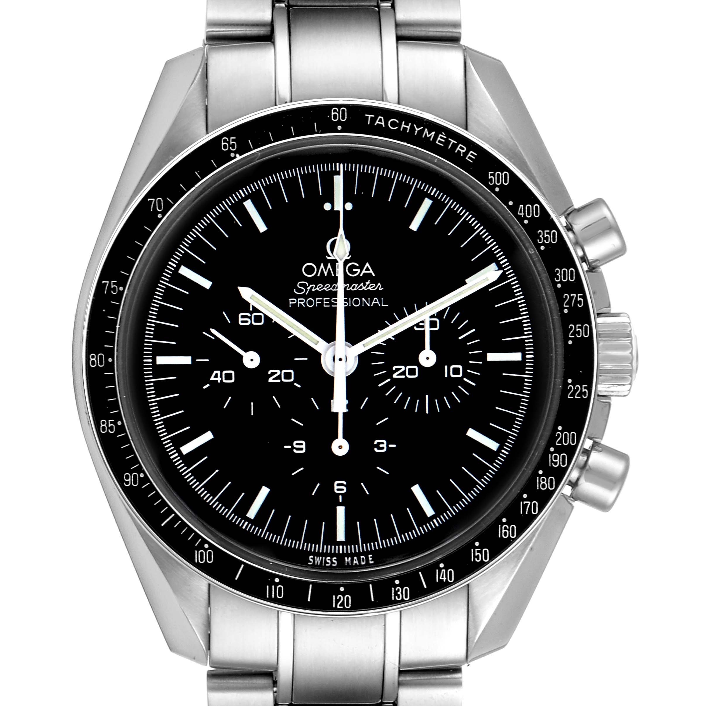 The image shows a front view of the Omega Speedmaster 311.30.42.30.01.005 Men
s Stainless Steel Black Dial 311.30.42.30.01.005 Men
s Stainless Steel Black Dial watch, highlighting its tachymeter bezel, dial, and steel bracelet.