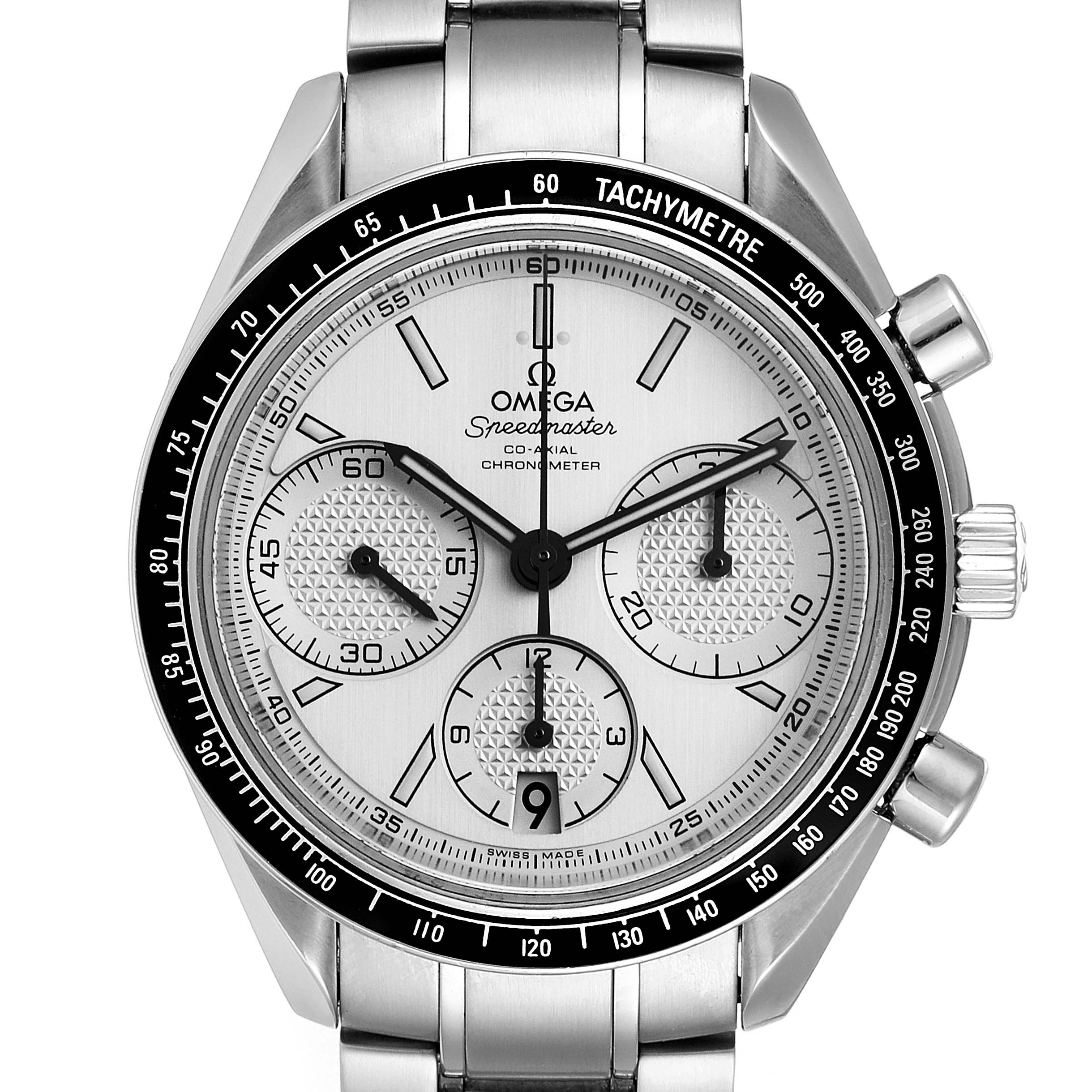 Close-up of an Omega Speedmaster 326.30.40.50.02.001 Men
s Stainless Steel Silver Dial 326.30.40.50.02.001 Men
s Stainless Steel Silver Dial watch showing the face, bezel, and chronograph dials.