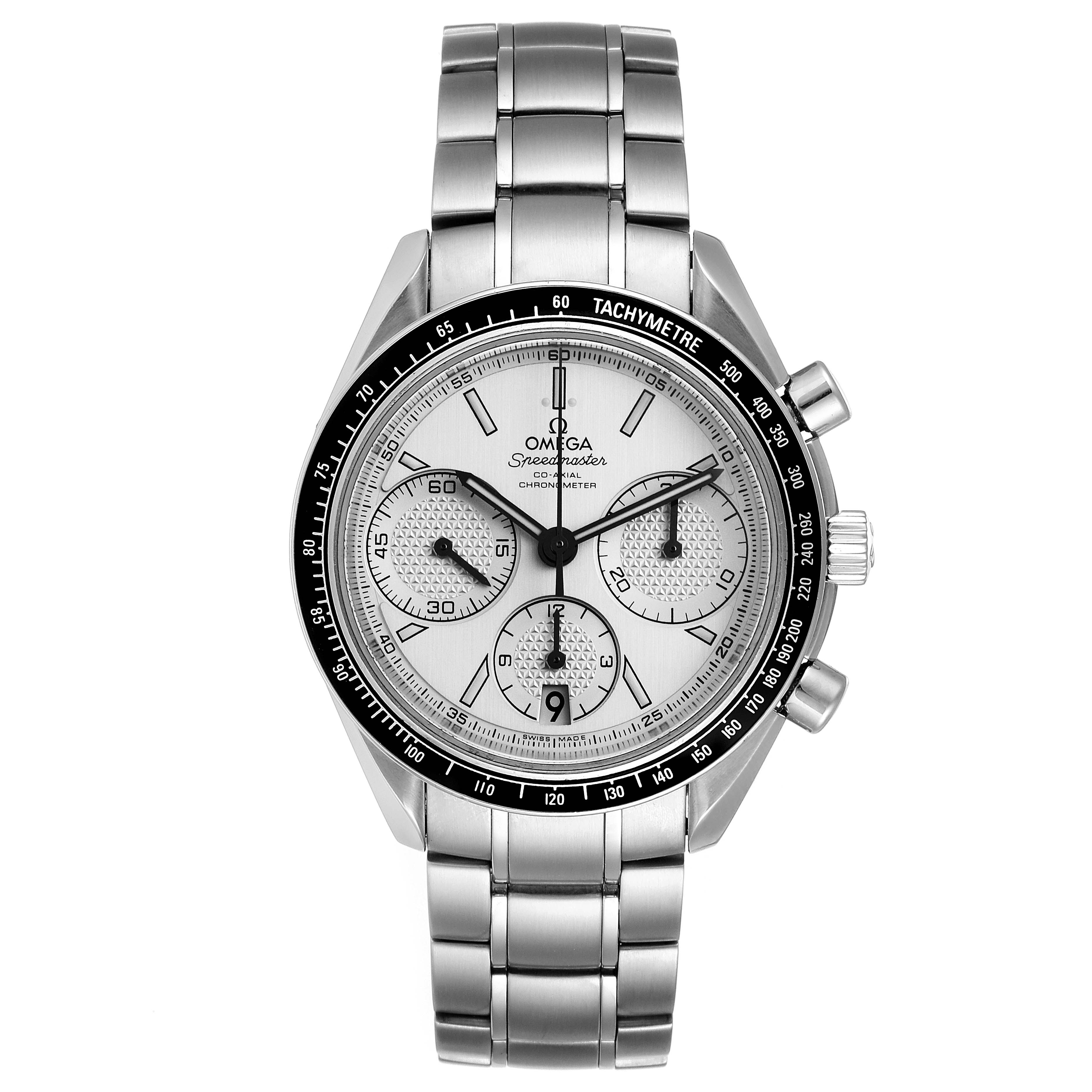 The Omega Speedmaster 326.30.40.50.02.001 Men
s Stainless Steel Silver Dial 326.30.40.50.02.001 Men
s Stainless Steel Silver Dial watch is shown from the front, displaying its face, subdials, bezel, and stainless steel bracelet.