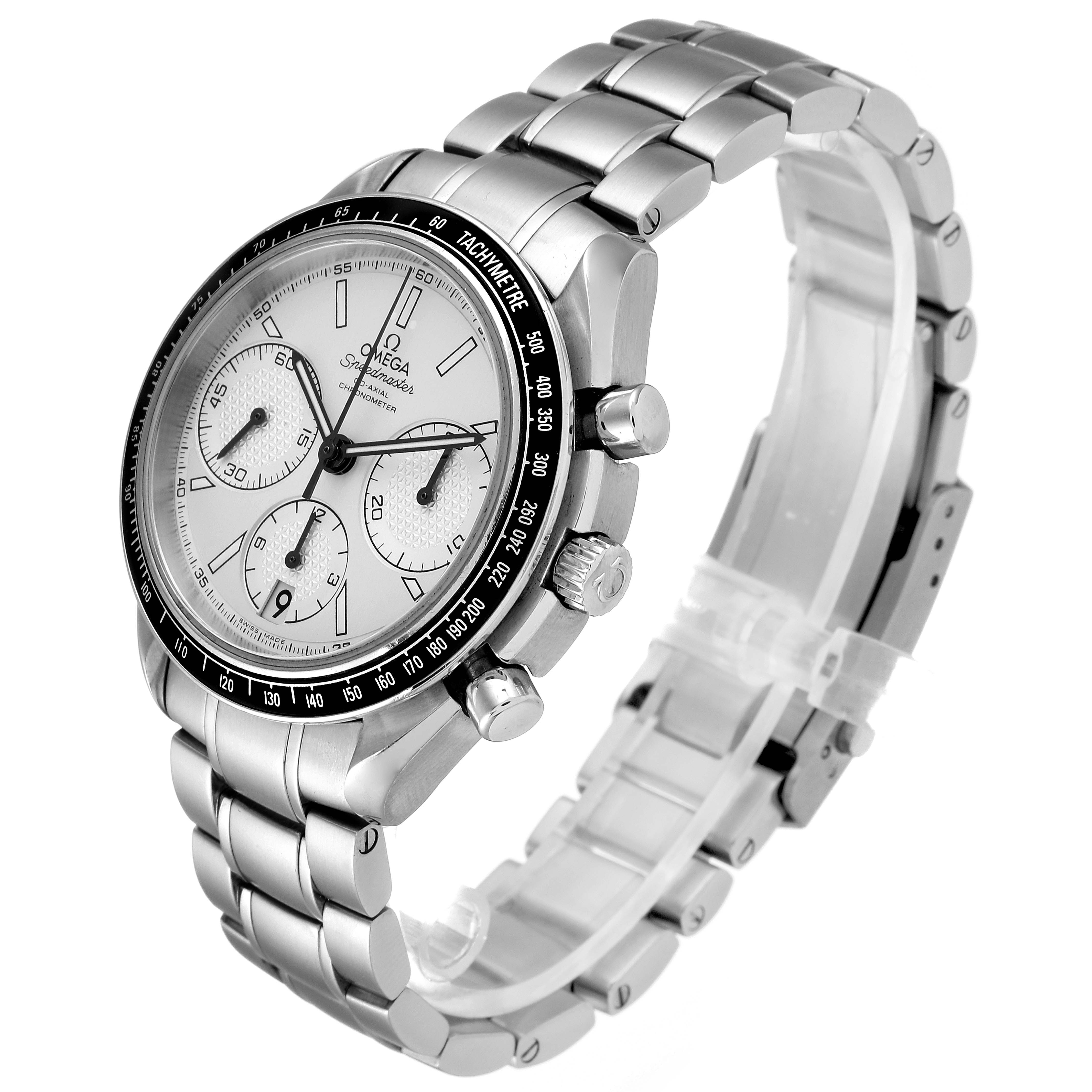 The image shows an Omega Speedmaster 326.30.40.50.02.001 Men
s Stainless Steel Silver Dial 326.30.40.50.02.001 Men
s Stainless Steel Silver Dial watch at a three-quarter angle, highlighting its face, bezel, and stainless steel bracelet.