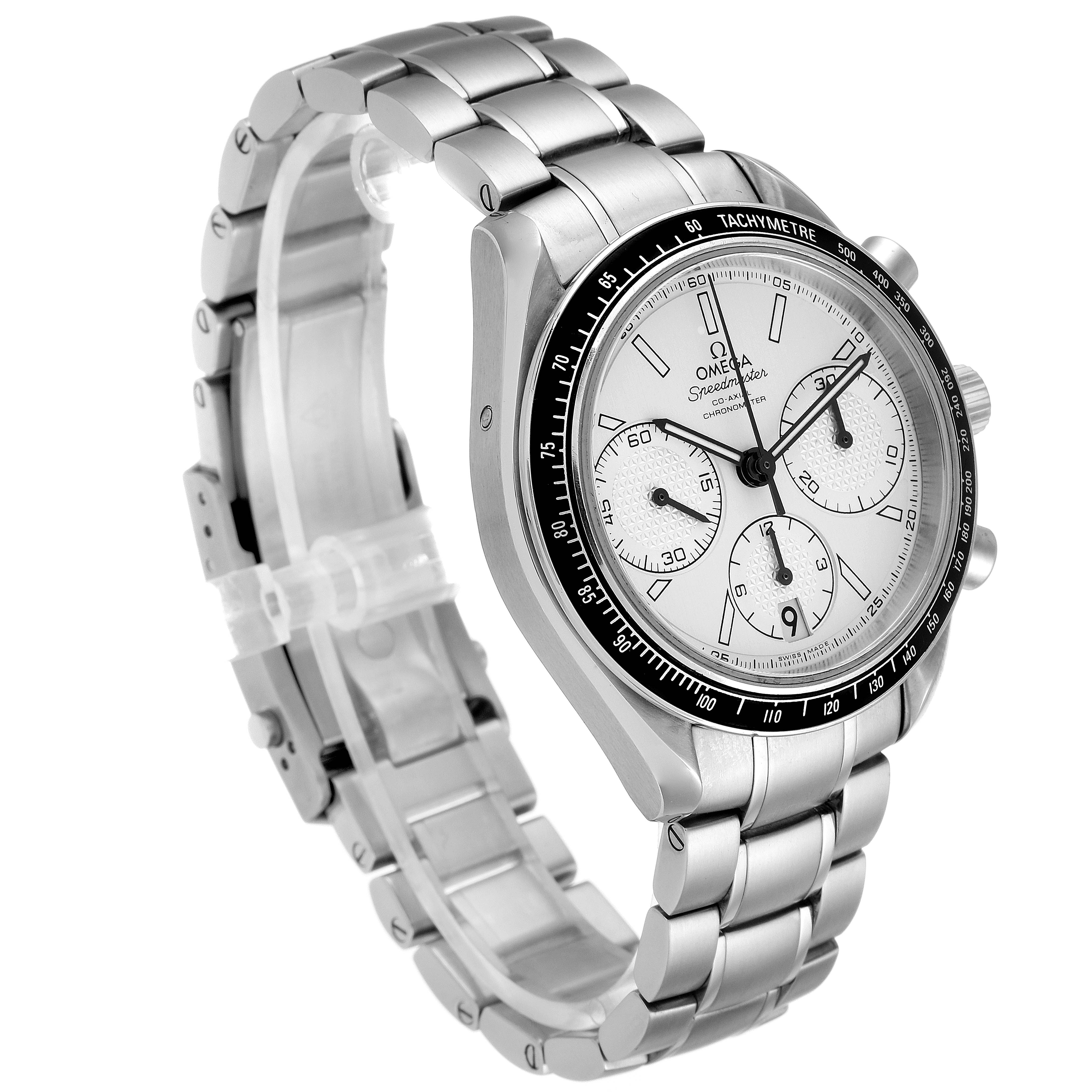 The image shows a side and front angle of an Omega Speedmaster 326.30.40.50.02.001 Men
s Stainless Steel Silver Dial 326.30.40.50.02.001 Men
s Stainless Steel Silver Dial watch with a stainless steel band and tachymeter bezel.