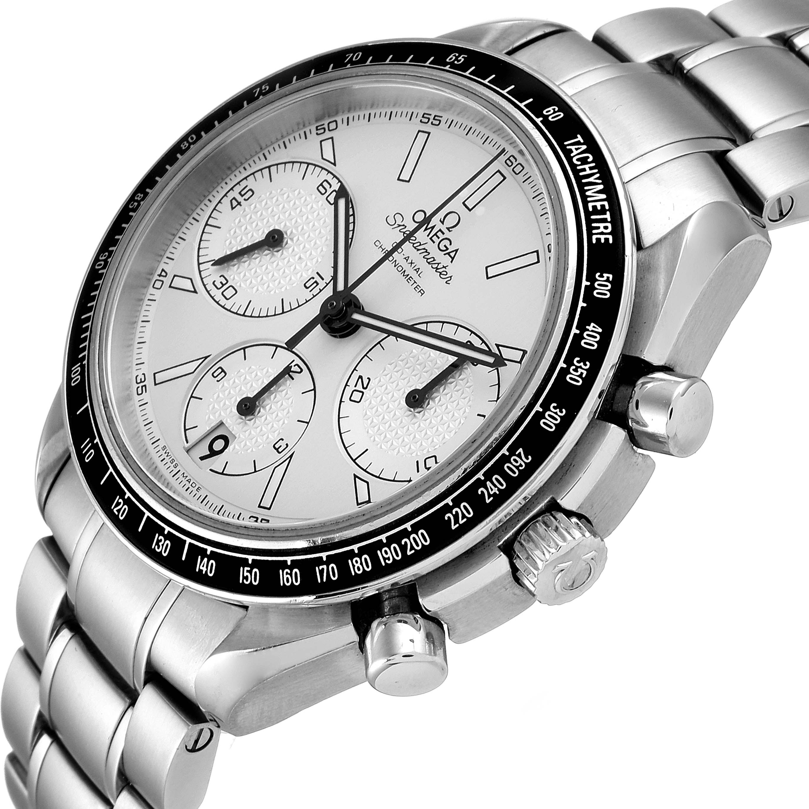 The Omega Speedmaster 326.30.40.50.02.001 Men
s Stainless Steel Silver Dial 326.30.40.50.02.001 Men
s Stainless Steel Silver Dial watch is shown at a front angle displaying the face, bezel, crown, and pushers.