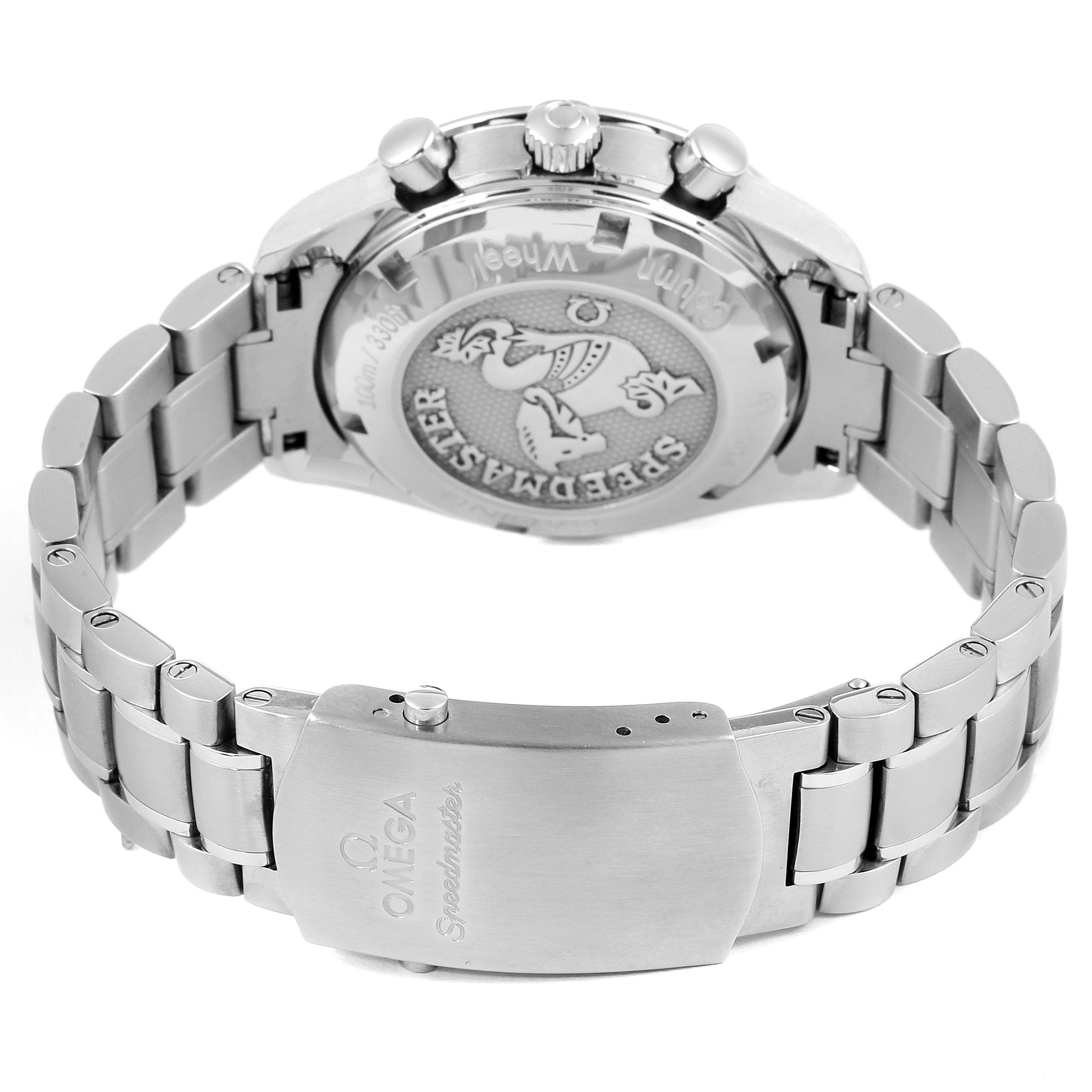 This image shows the back and bracelet of an Omega Speedmaster 326.30.40.50.02.001 Men
s Stainless Steel Silver Dial 326.30.40.50.02.001 Men
s Stainless Steel Silver Dial watch, highlighting the engraved caseback and deployment clasp.