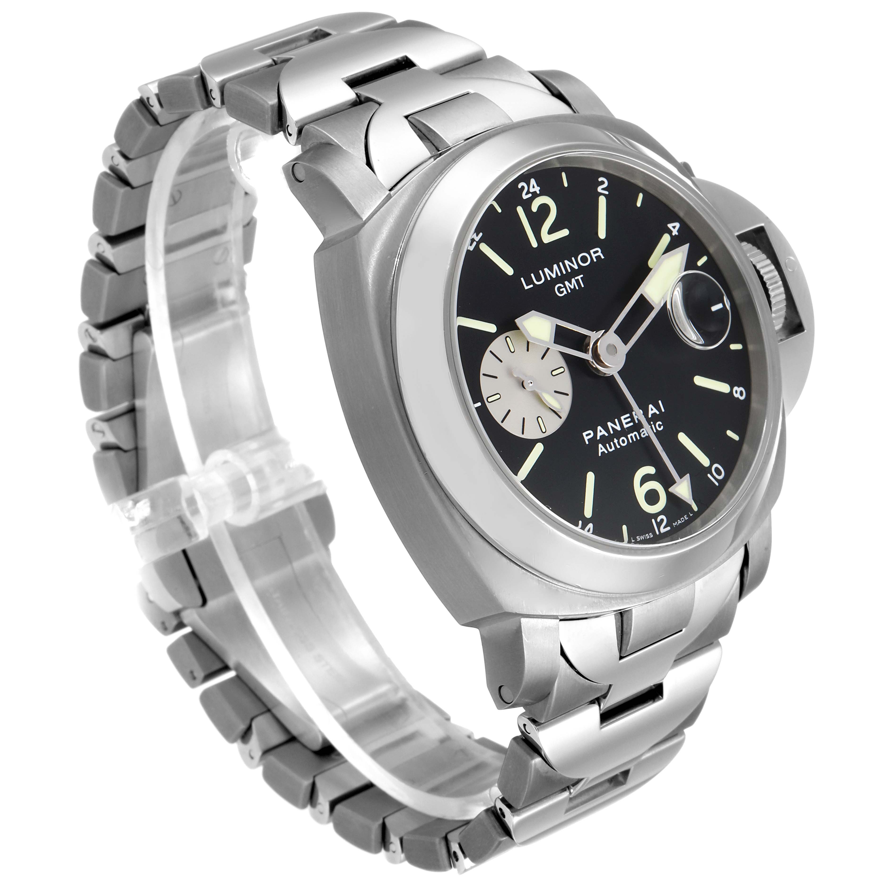 The image shows a Panerai Luminor PAM00161 Men
s Stainless Steel Black Dial PAM00161 Men
s Stainless Steel Black Dial GMT watch at a tilted angle, highlighting its face, bracelet, and crown guard.