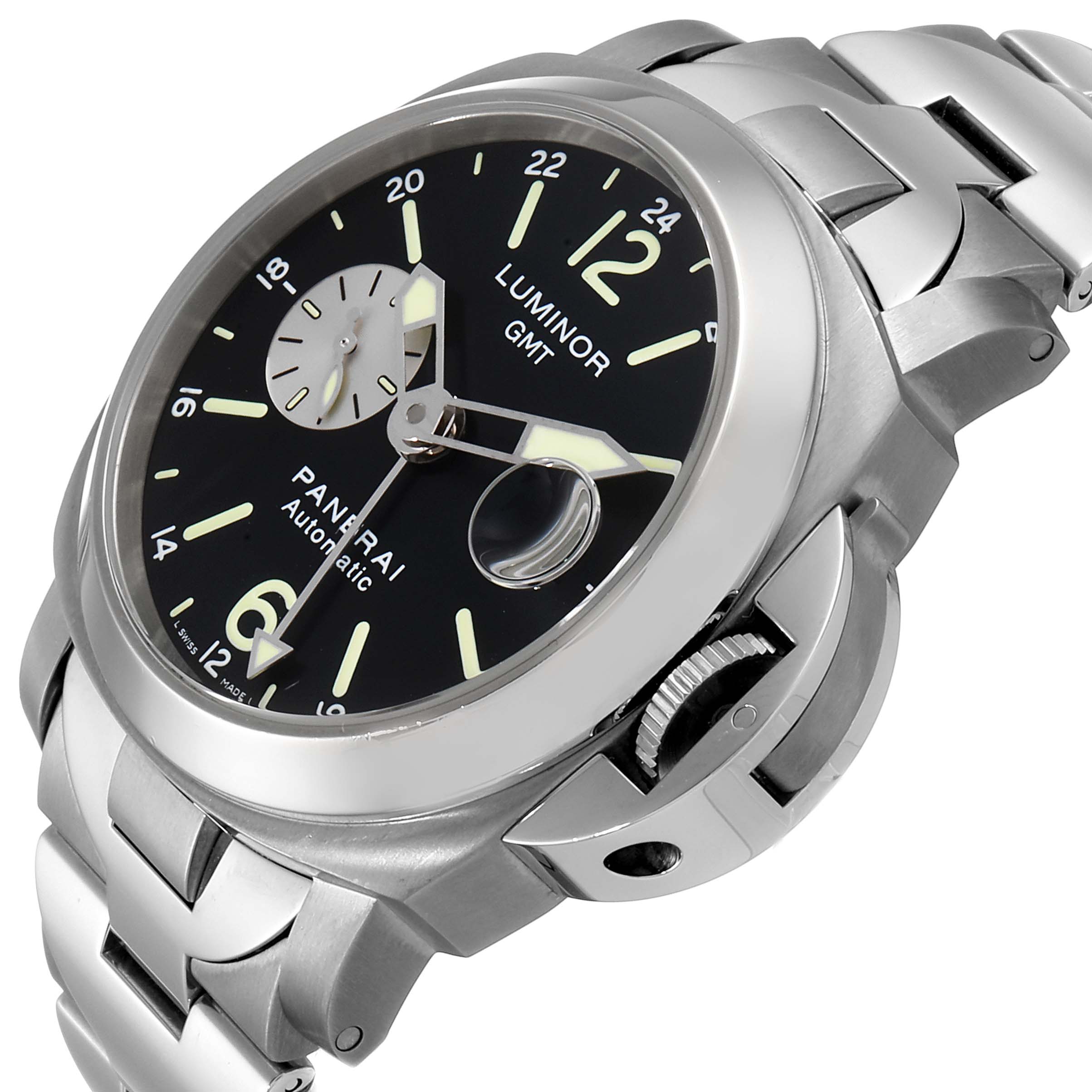 The image shows a Panerai Luminor PAM00161 Men
s Stainless Steel Black Dial PAM00161 Men
s Stainless Steel Black Dial GMT watch from a slightly tilted side angle, highlighting the dial, crown guard, and bracelet.