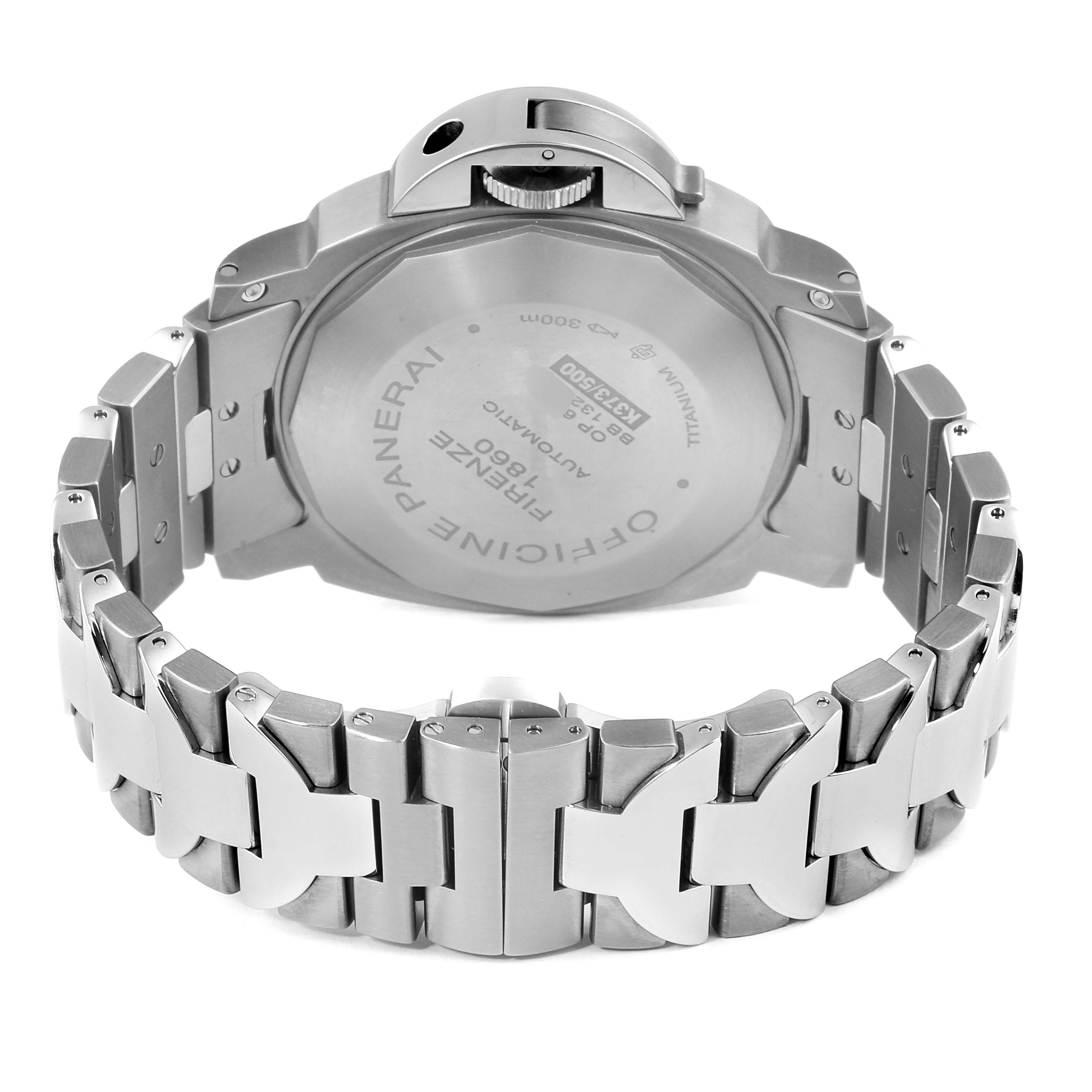 The image shows the back of a Panerai Luminor PAM00161 Men
s Stainless Steel Black Dial PAM00161 Men
s Stainless Steel Black Dial model watch, focusing on the case and bracelet.