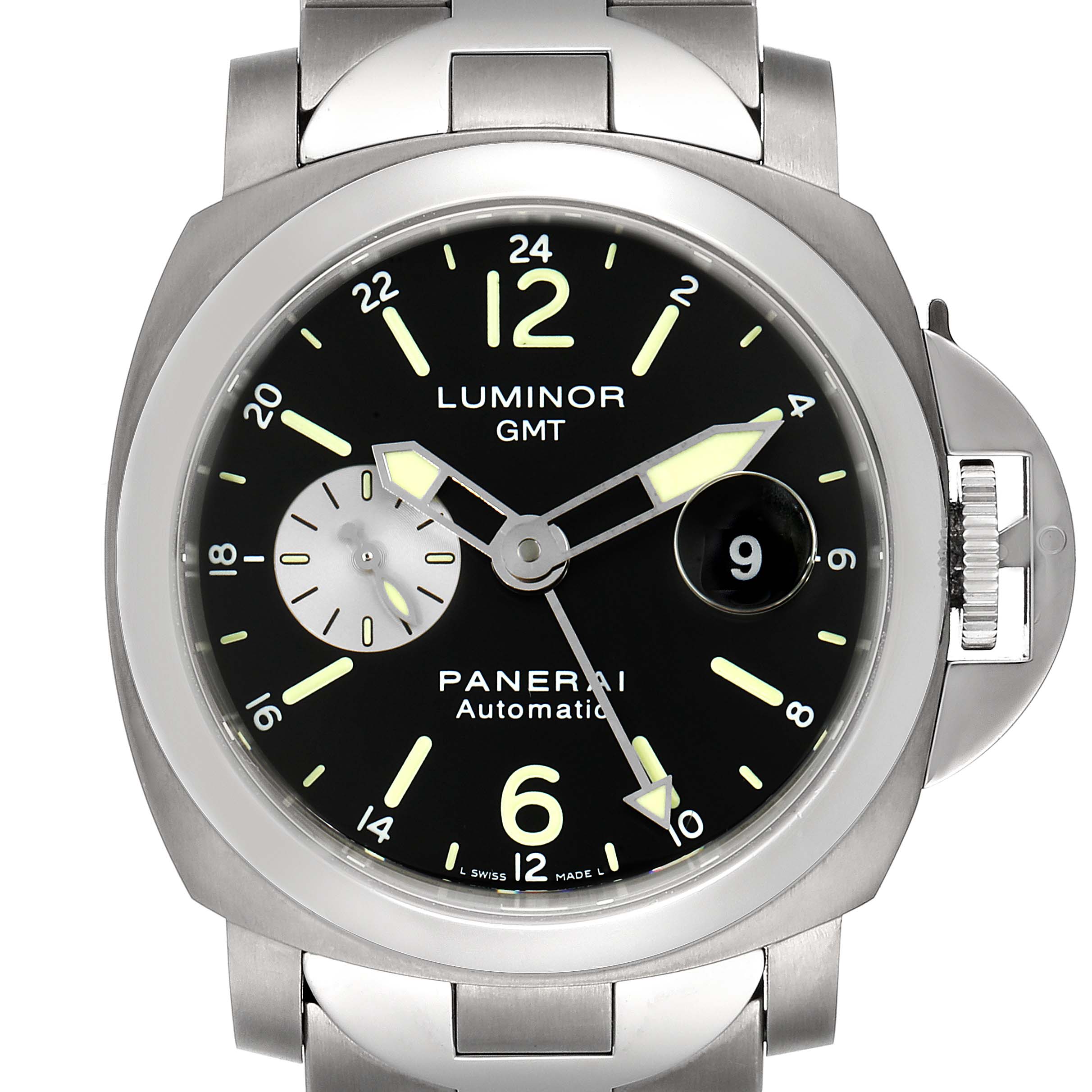 This image displays a front view of a Panerai Luminor PAM00161 Men
s Stainless Steel Black Dial PAM00161 Men
s Stainless Steel Black Dial GMT watch, showing the face, hands, and bracelet.