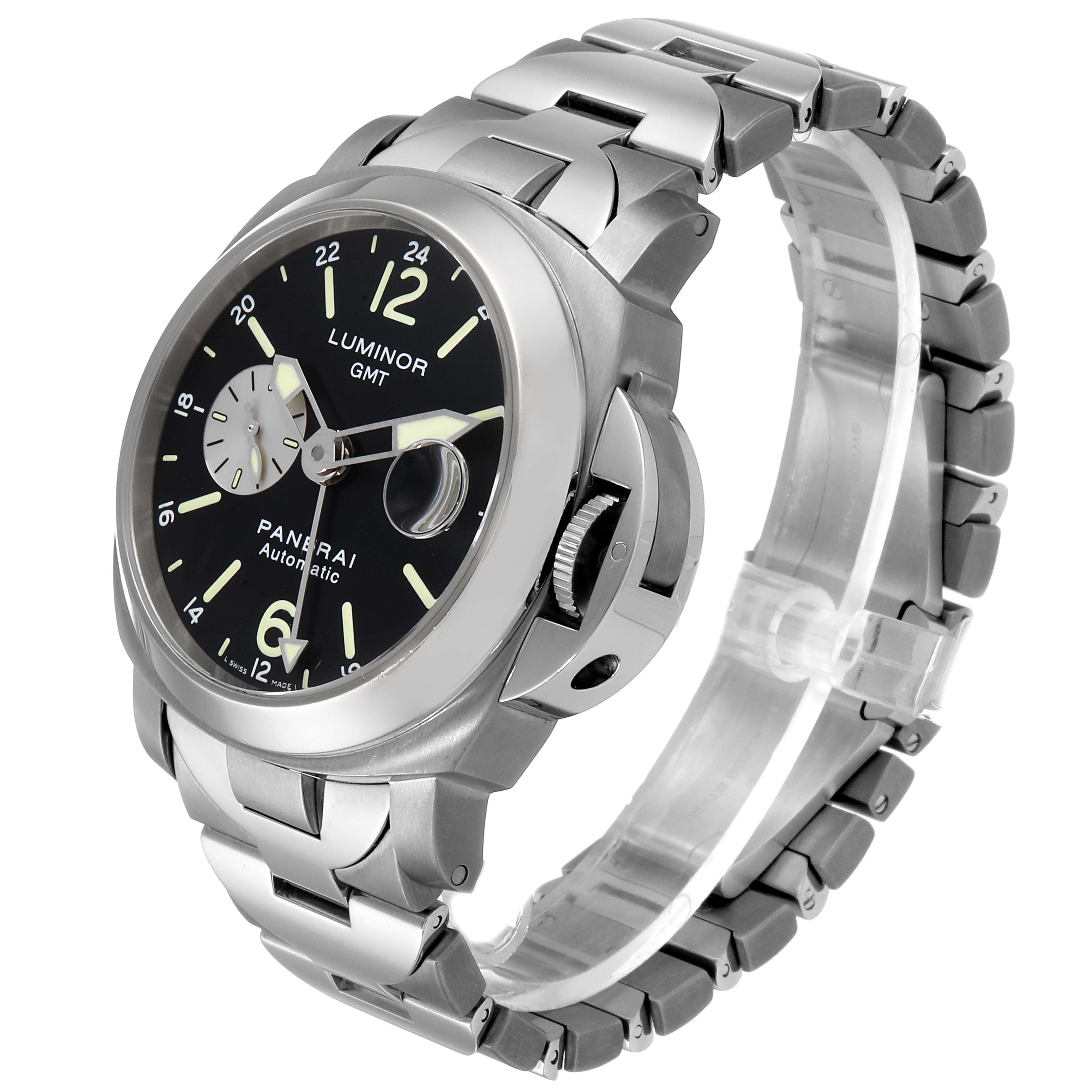 The image shows a Panerai Luminor PAM00161 Men
s Stainless Steel Black Dial PAM00161 Men
s Stainless Steel Black Dial GMT watch angled to display the face, crown guard, and bracelet.