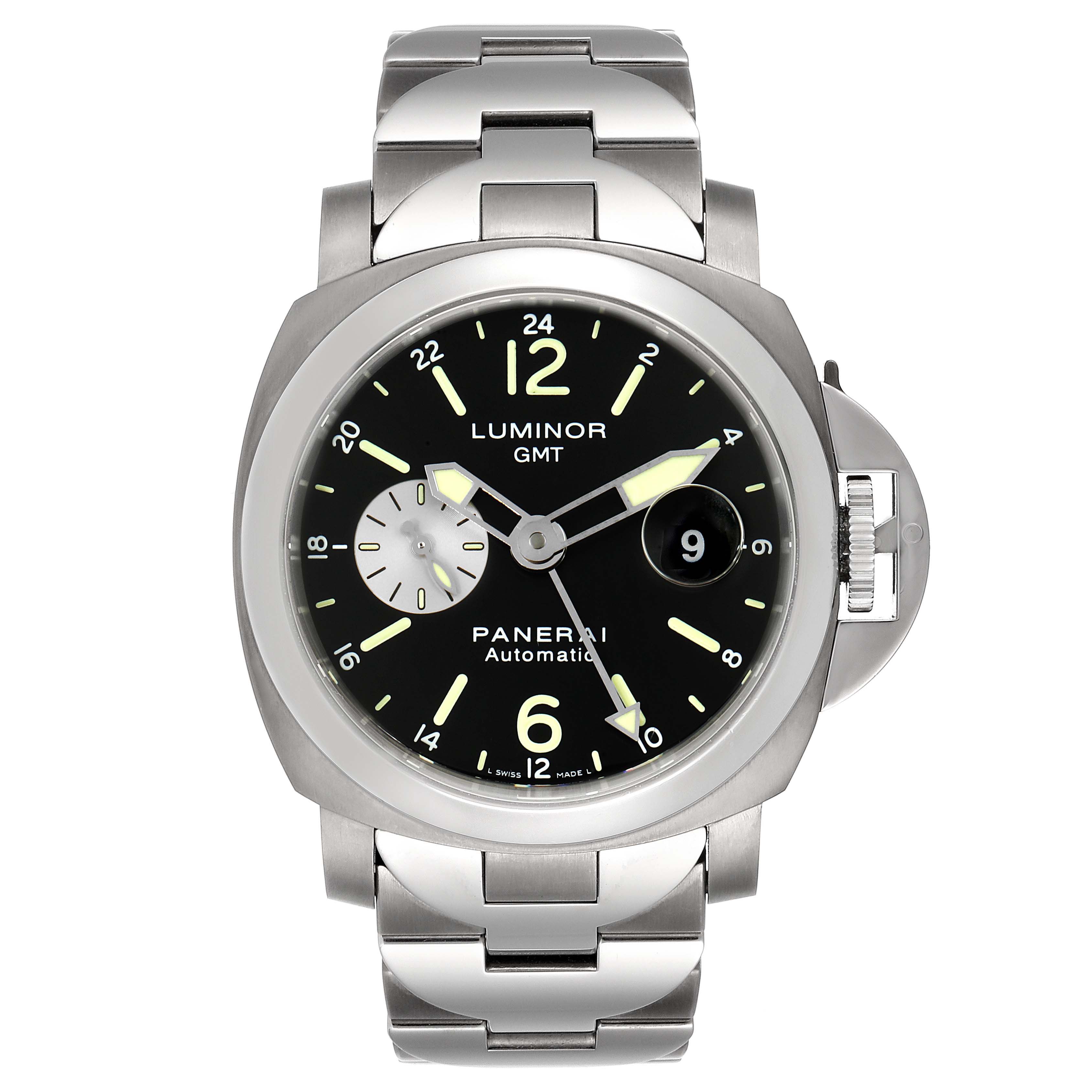 This image shows a front view of a Panerai Luminor PAM00161 Men
s Stainless Steel Black Dial PAM00161 Men
s Stainless Steel Black Dial model watch, displaying the dial, hands, case, crown guard, and bracelet.