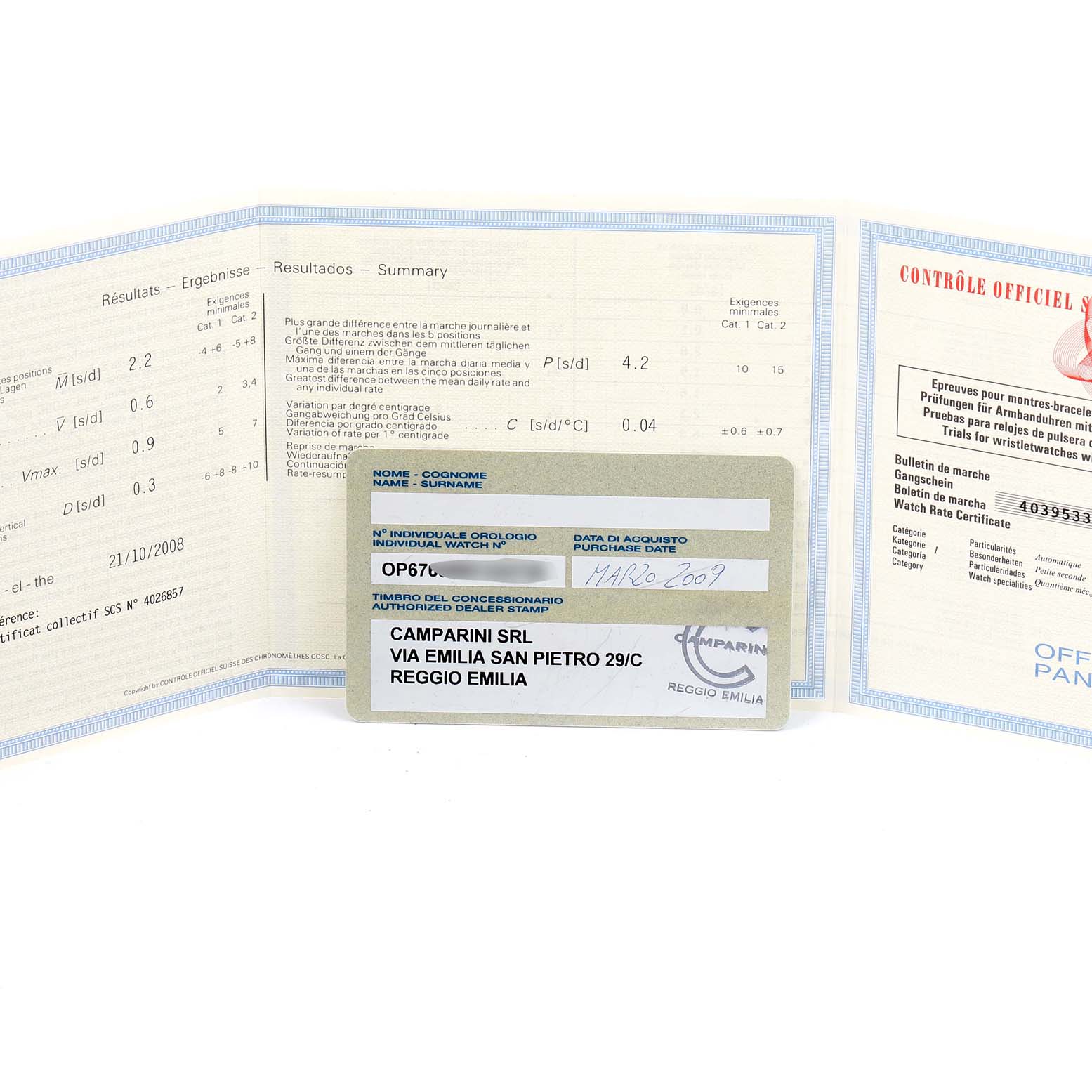 The image shows the certification and warranty papers for a Panerai Luminor PAM00161 Men
s Stainless Steel Black Dial PAM00161 Men
s Stainless Steel Black Dial watch, including dealer information and purchase date.