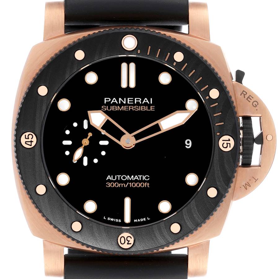 The Panerai Submersible watch is shown from a front angle, highlighting the face, bezel, and crown guard.