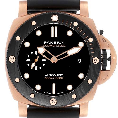 The Panerai Submersible watch is shown from the front, displaying the face, bezel, and crown guard prominently.