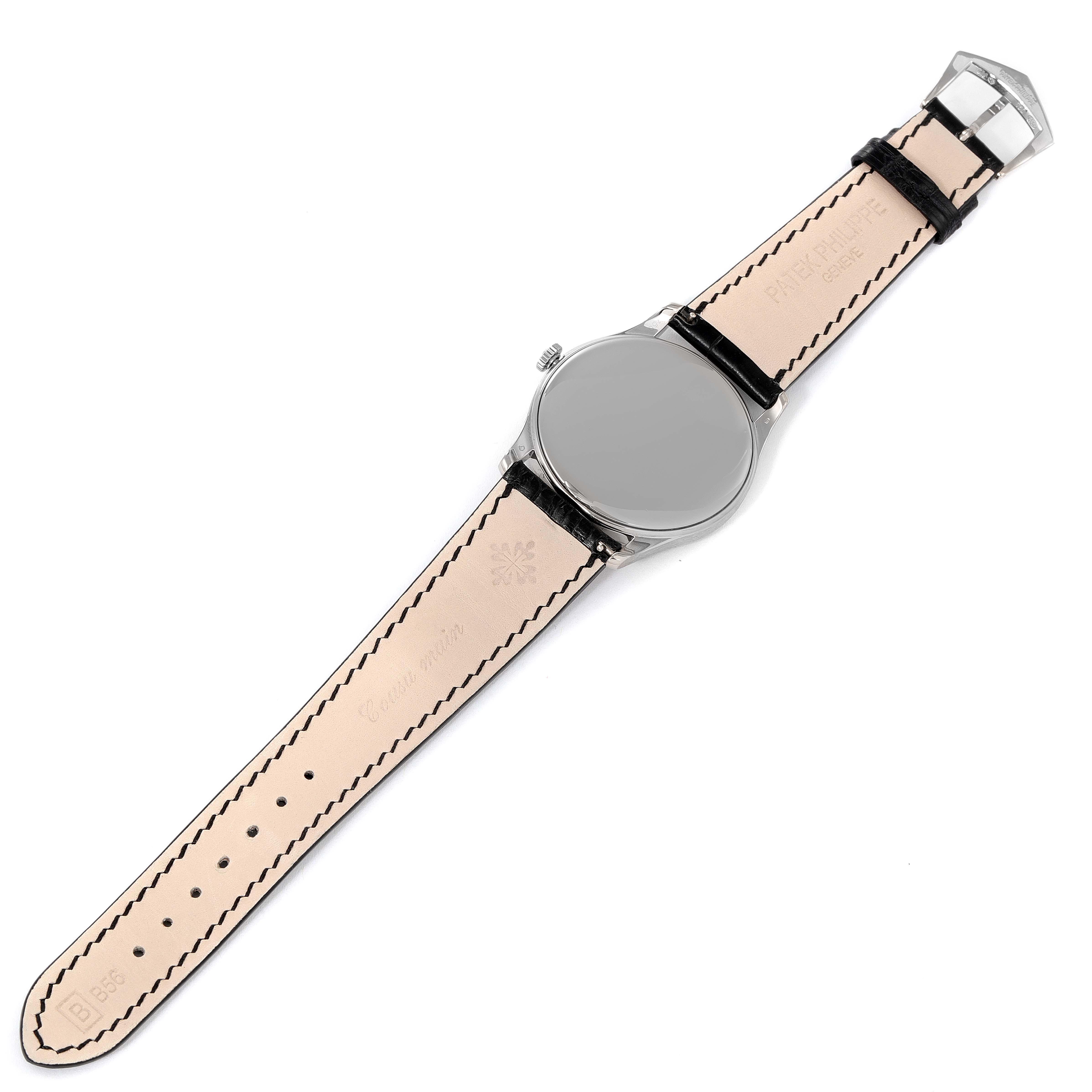 This image shows the back and strap of a Patek Philippe Calatrava 5196G Men's White Gold Silver Dial 5196G Men's White Gold Silver Dial watch from a top-down angle.