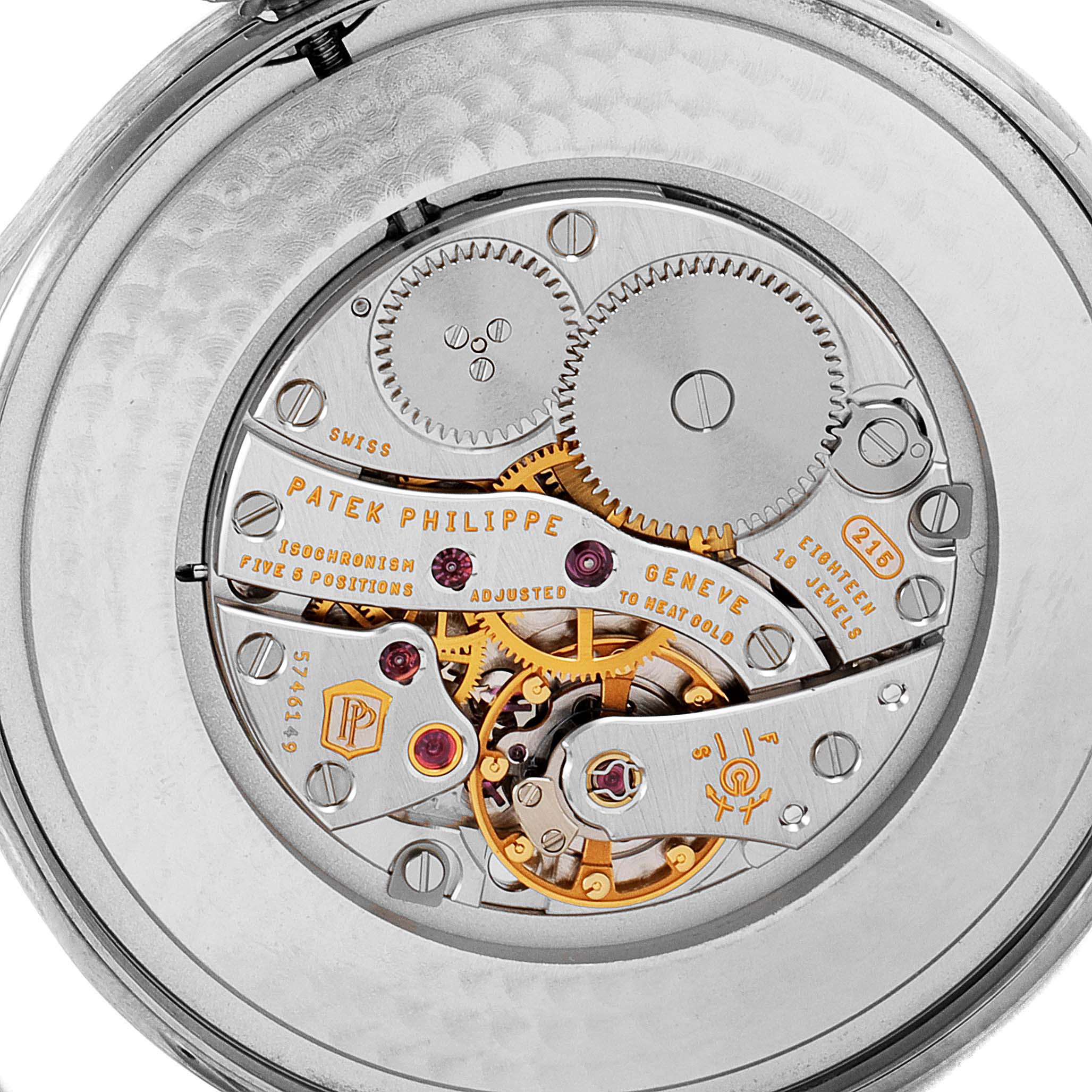 This image shows the intricate internal mechanics and movement of the Patek Philippe Calatrava 5196G Men's White Gold Silver Dial 5196G Men's White Gold Silver Dial watch from a rear angle.