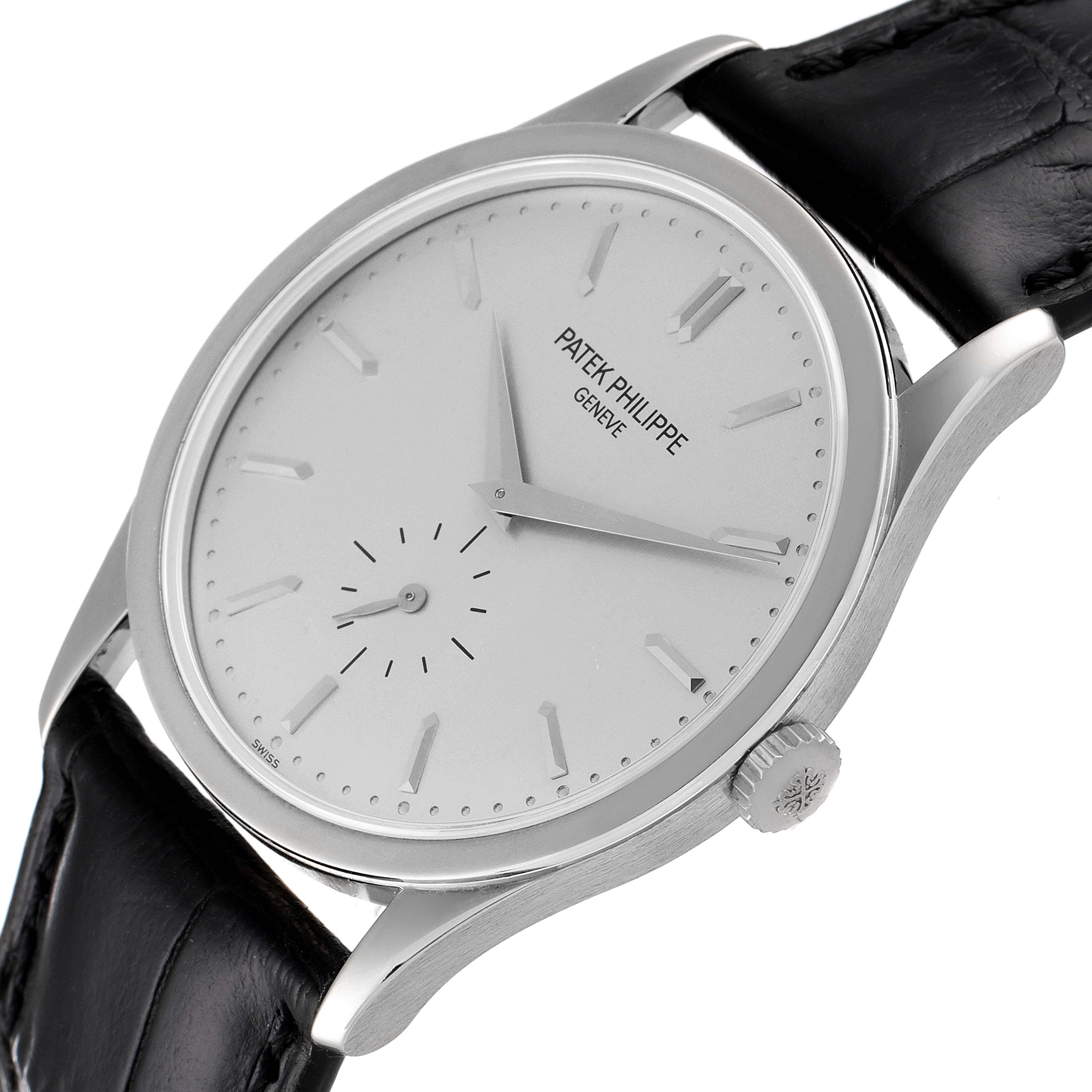 The image shows a side and front view of the Patek Philippe Calatrava 5196G Men's White Gold Silver Dial 5196G Men's White Gold Silver Dial watch, displaying its face, bezel, crown, and leather strap.