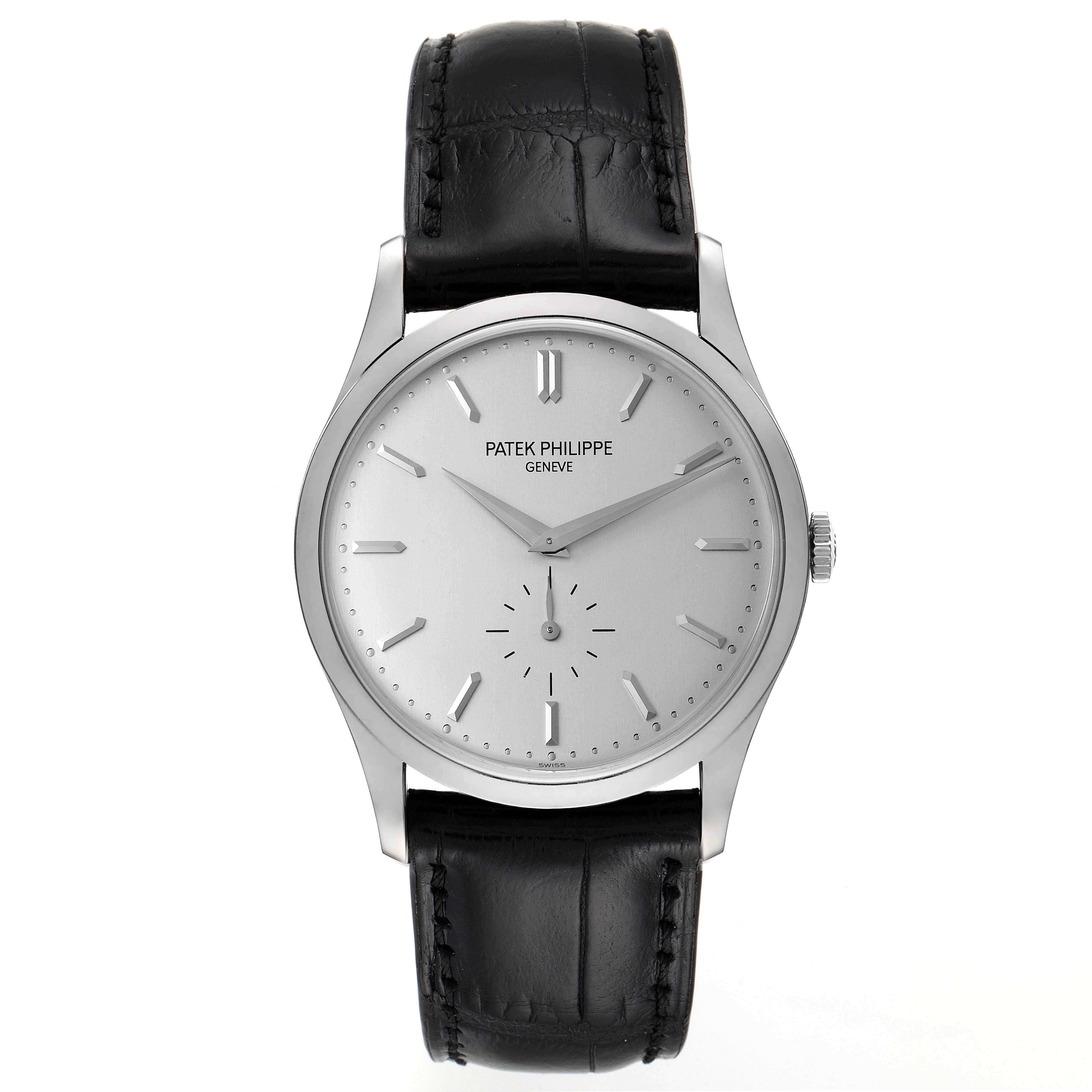 The image shows a front view of a Patek Philippe Calatrava 5196G Men's White Gold Silver Dial 5196G Men's White Gold Silver Dial watch with a silver dial and black leather strap.