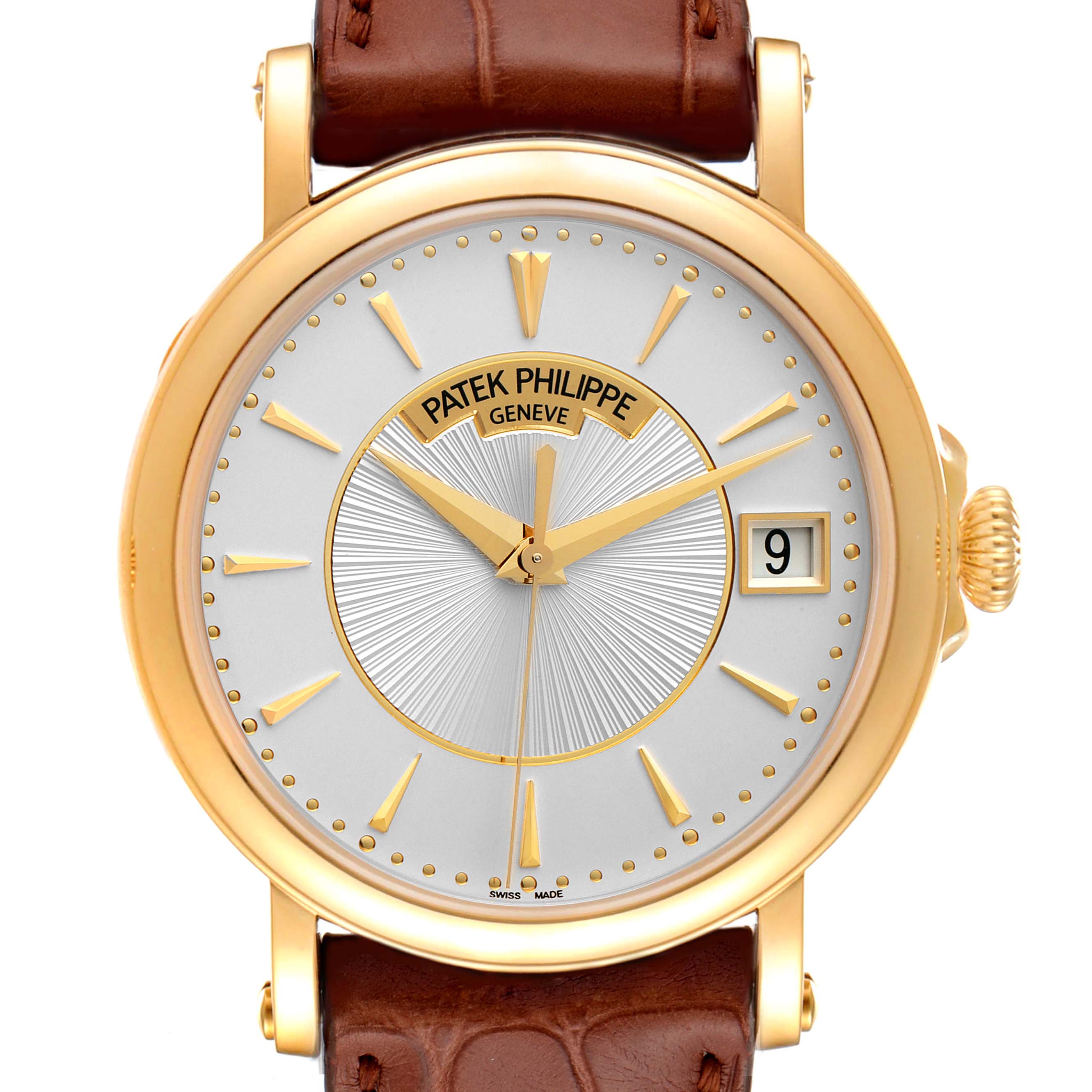 The image shows a front view of a Patek Philippe Calatrava 5153J Men's Yellow Gold Silver Dial 5153J Men's Yellow Gold Silver Dial watch, highlighting its dial, hands, date window, and brown leather strap.