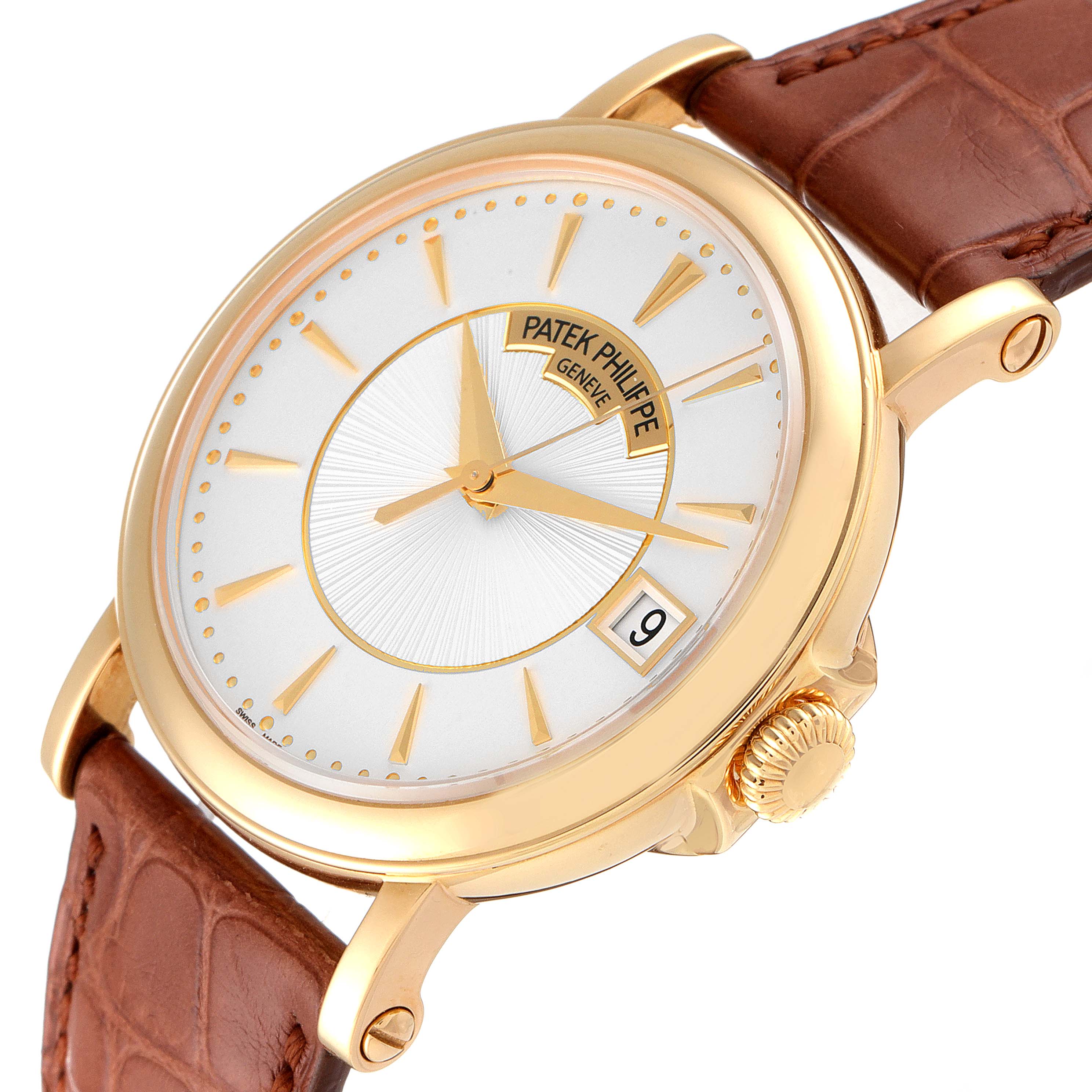 The image shows a side view of the Patek Philippe Calatrava 5153J Men's Yellow Gold Silver Dial 5153J Men's Yellow Gold Silver Dial watch, highlighting the dial, crown, and brown leather strap.