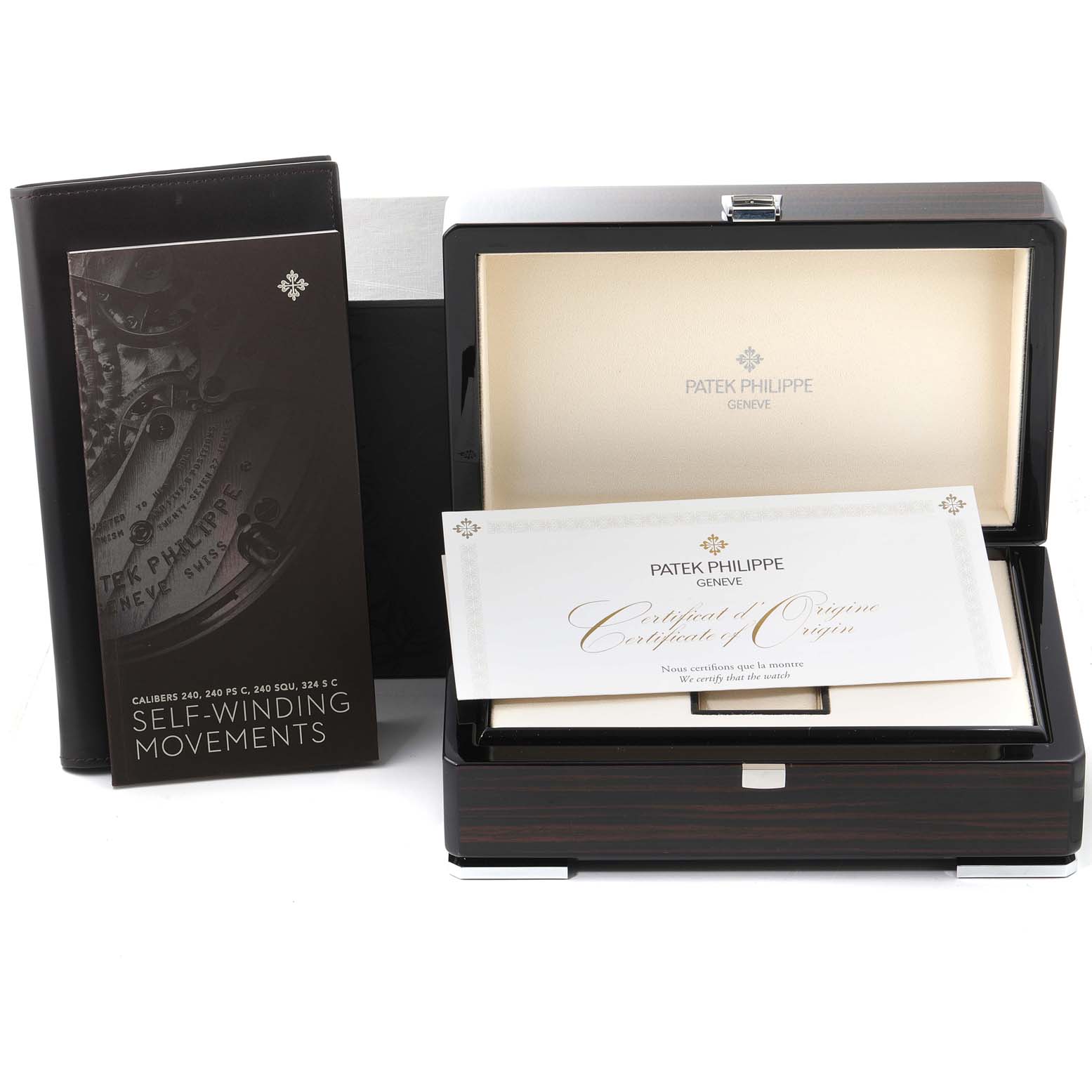 The image shows the box, certificate of origin, and user manual for the Patek Philippe Calatrava 5153J Men's Yellow Gold Silver Dial 5153J Men's Yellow Gold Silver Dial watch.