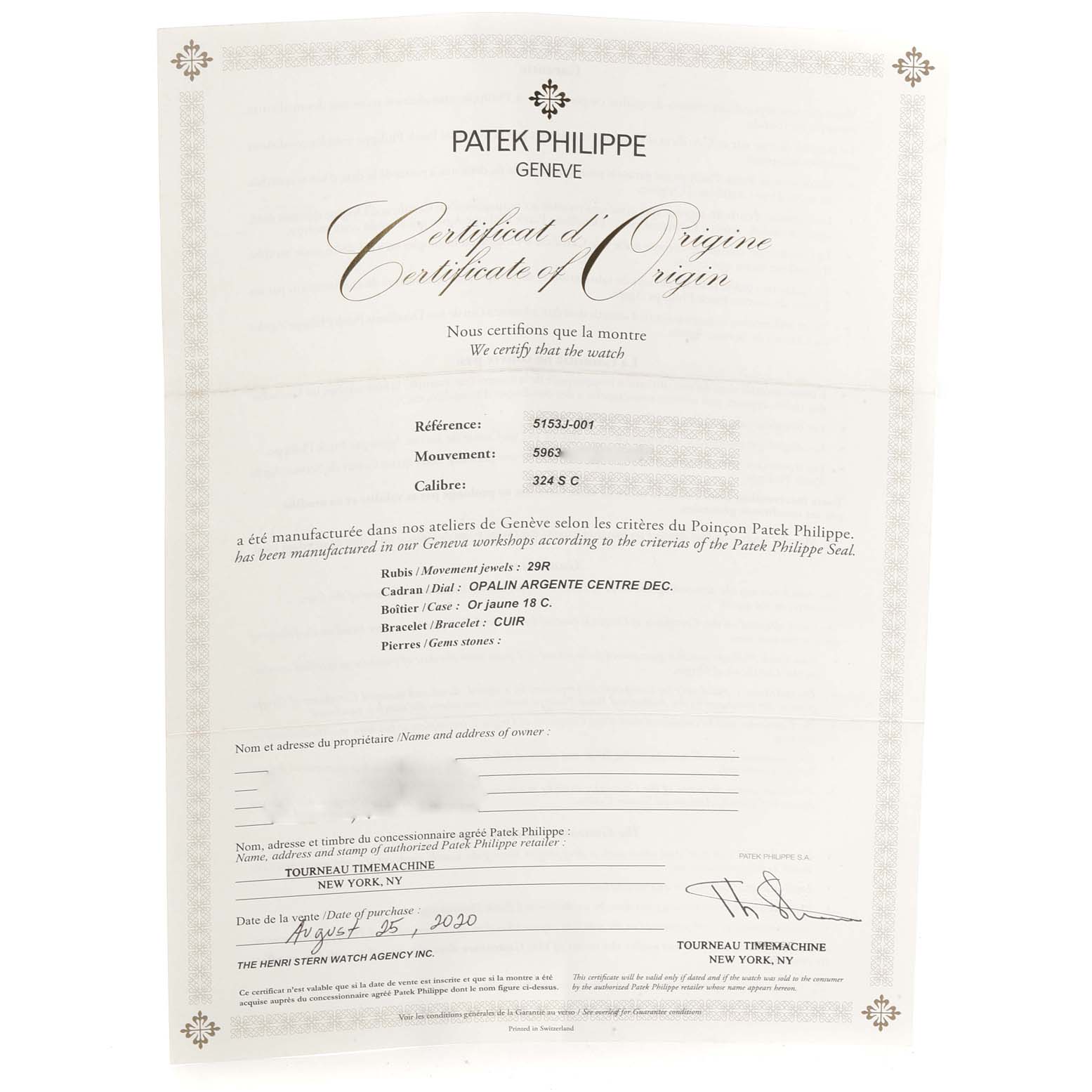 This image shows the certificate of origin for a Patek Philippe Calatrava 5153J Men's Yellow Gold Silver Dial 5153J Men's Yellow Gold Silver Dial model watch, detailing reference number, movement, and caliber.