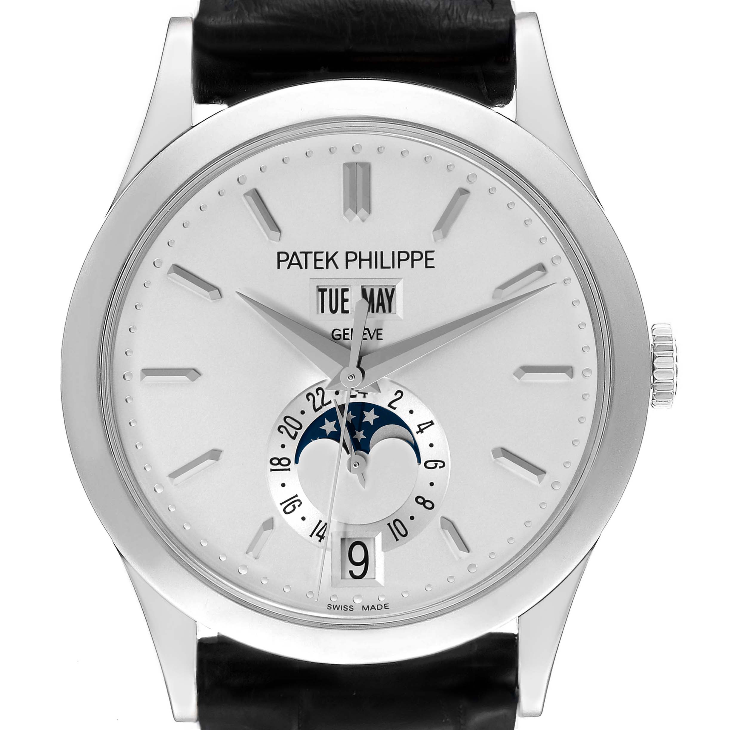 The image shows a front view of the Patek Philippe Complications 5396G-011 Men's White Gold Silver Dial 5396G-011 Men's White Gold Silver Dial model watch, highlighting the dial, hands, moon phase, date, day, and month indicators.