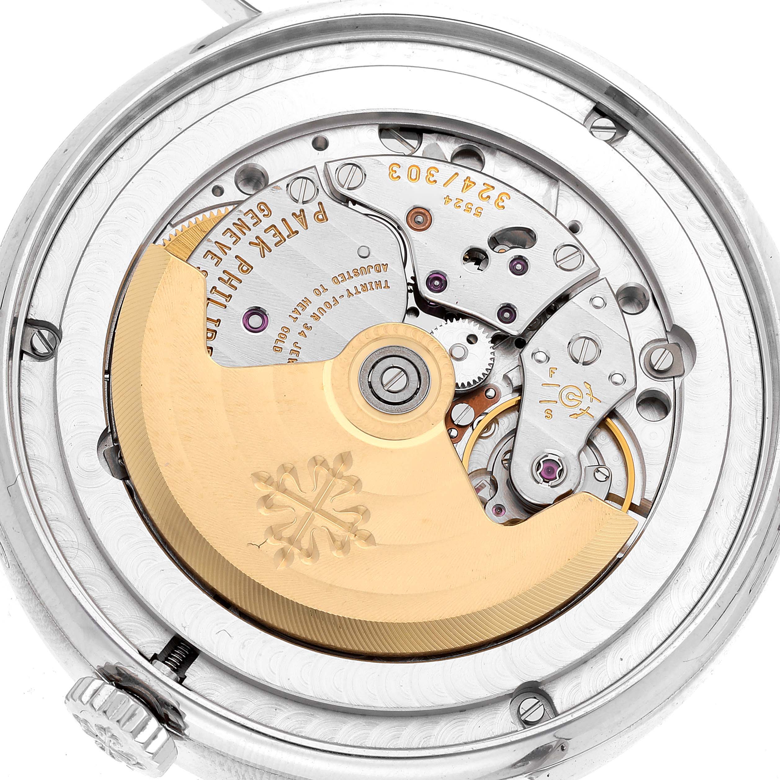 The image shows the intricate inner mechanics and movement of the Patek Philippe Complications 5396G-011 Men's White Gold Silver Dial 5396G-011 Men's White Gold Silver Dial model, viewed from the rear.