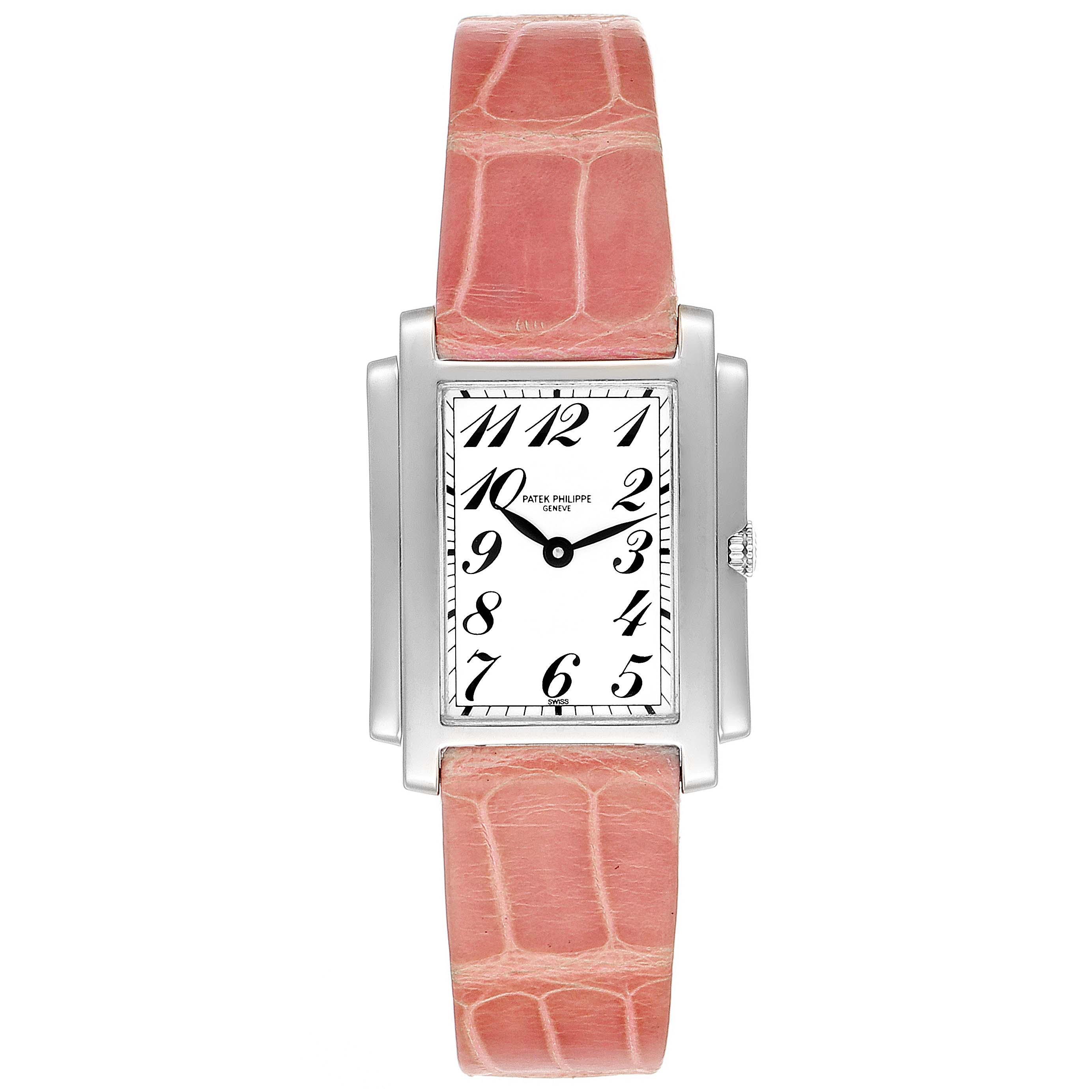 This image shows a frontal view of the Patek Philippe Gondolo 4824 Women's White Gold White Dial 4824 Women's White Gold White Dial watch with a pink leather strap and white dial.
