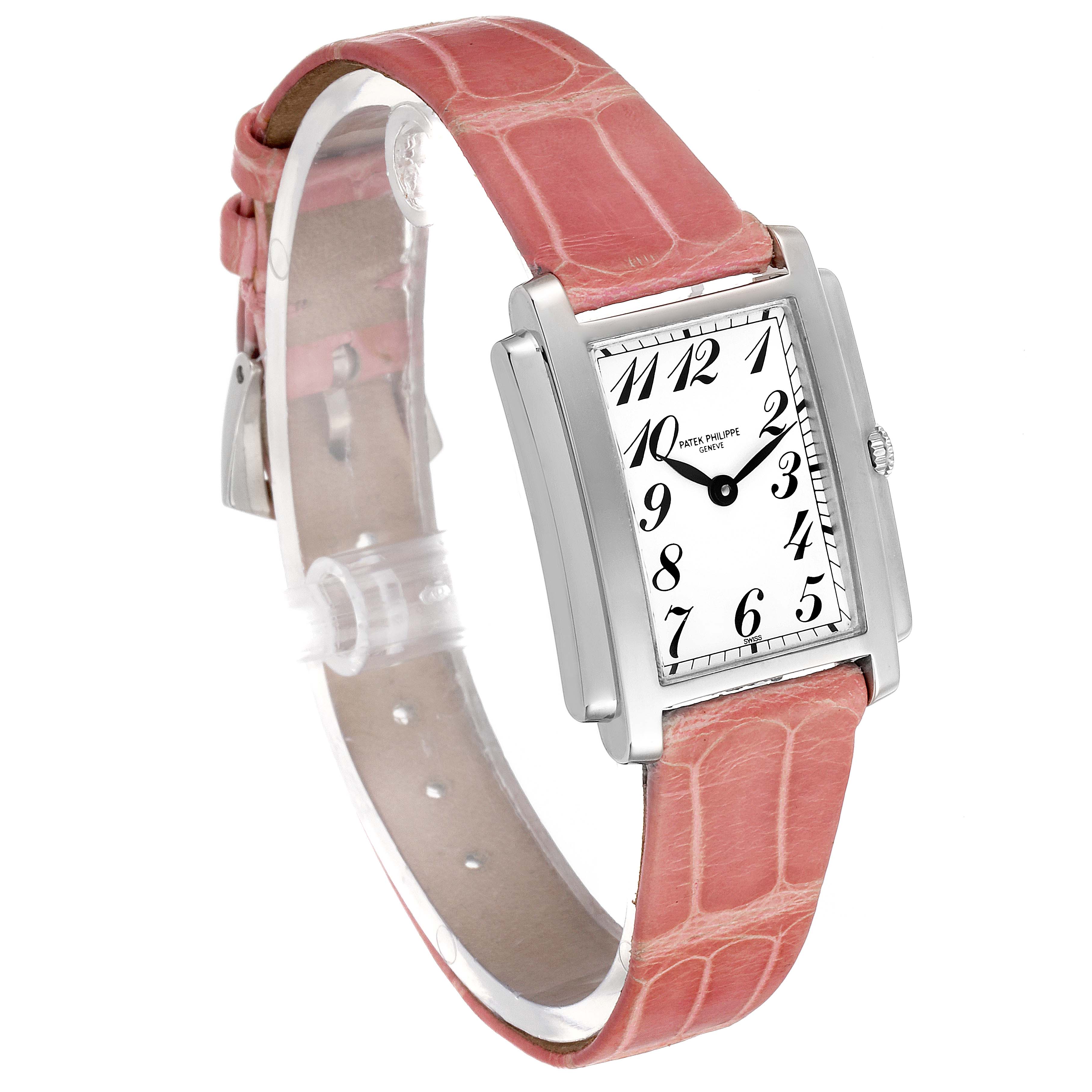 The Patek Philippe Gondolo 4824 Women's White Gold White Dial 4824 Women's White Gold White Dial watch is shown at a three-quarter angle, displaying the rectangular face, and pink leather strap.