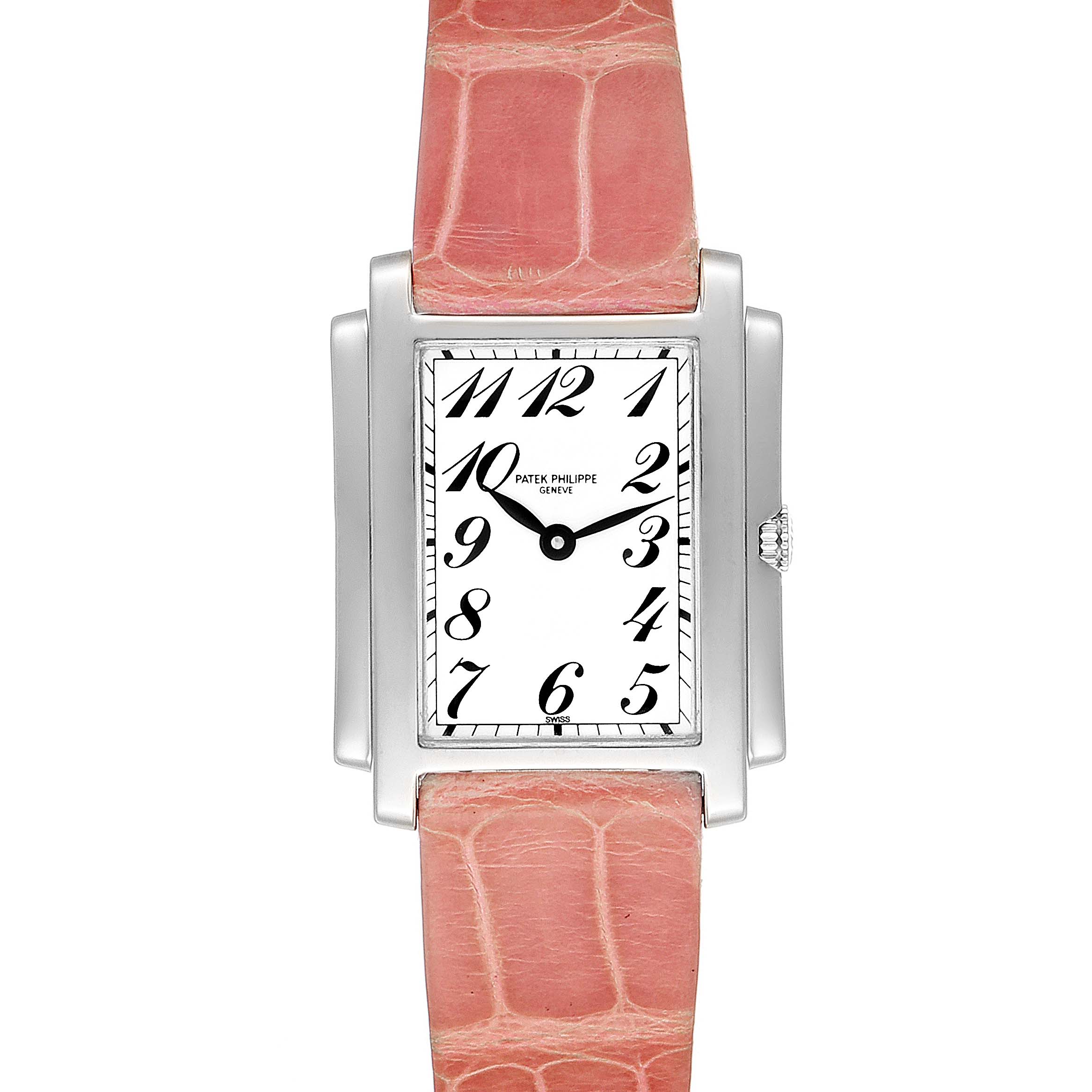The image shows a front view of a Patek Philippe Gondolo 4824 Women's White Gold White Dial 4824 Women's White Gold White Dial watch with a rectangular case and pink alligator leather strap.