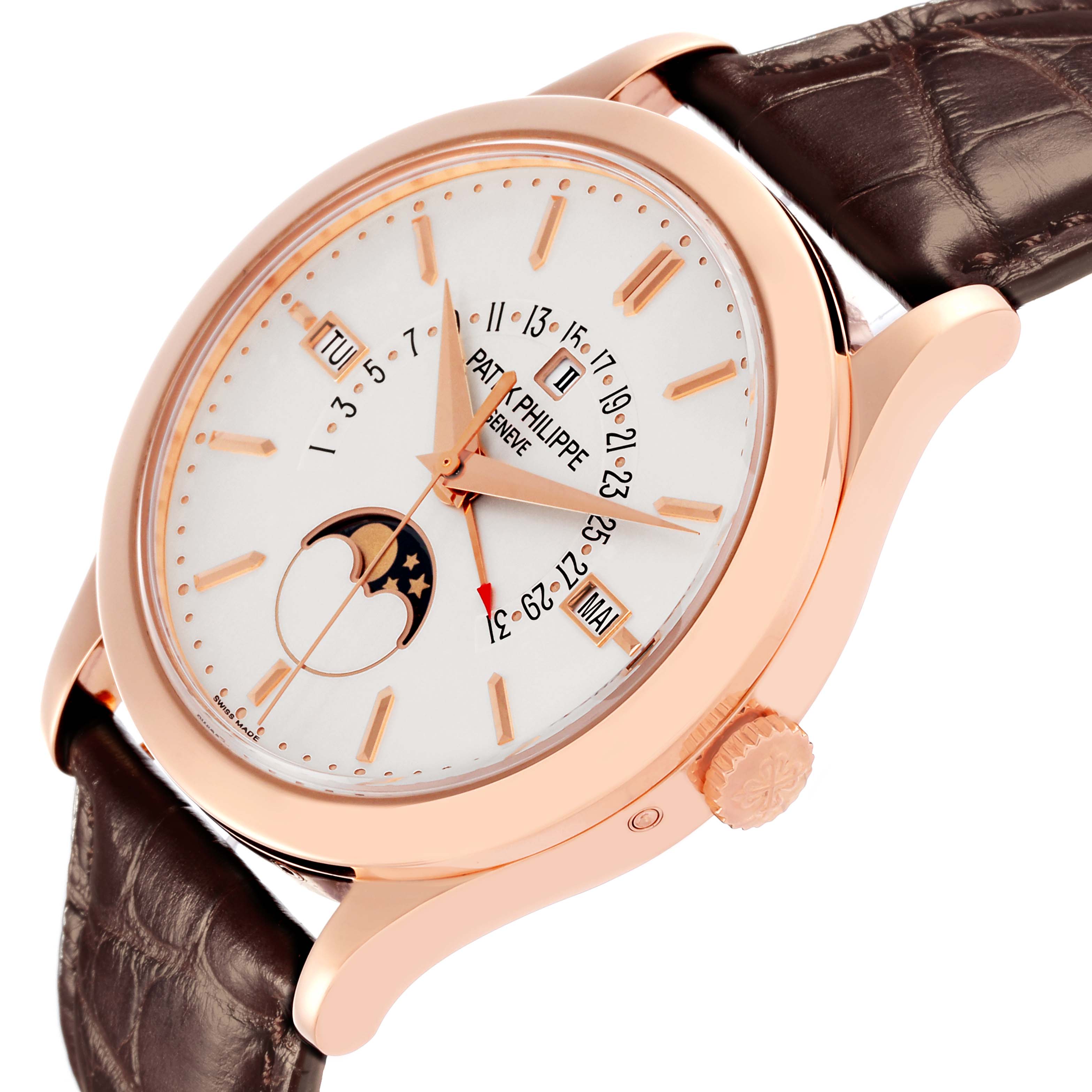 The Patek Philippe Complications 5496R-001 Men
s Rose Gold Silver Dial 5496R-001 Men
s Rose Gold Silver Dial watch is shown at an angled side view, highlighting the face, case, crown, and leather strap.