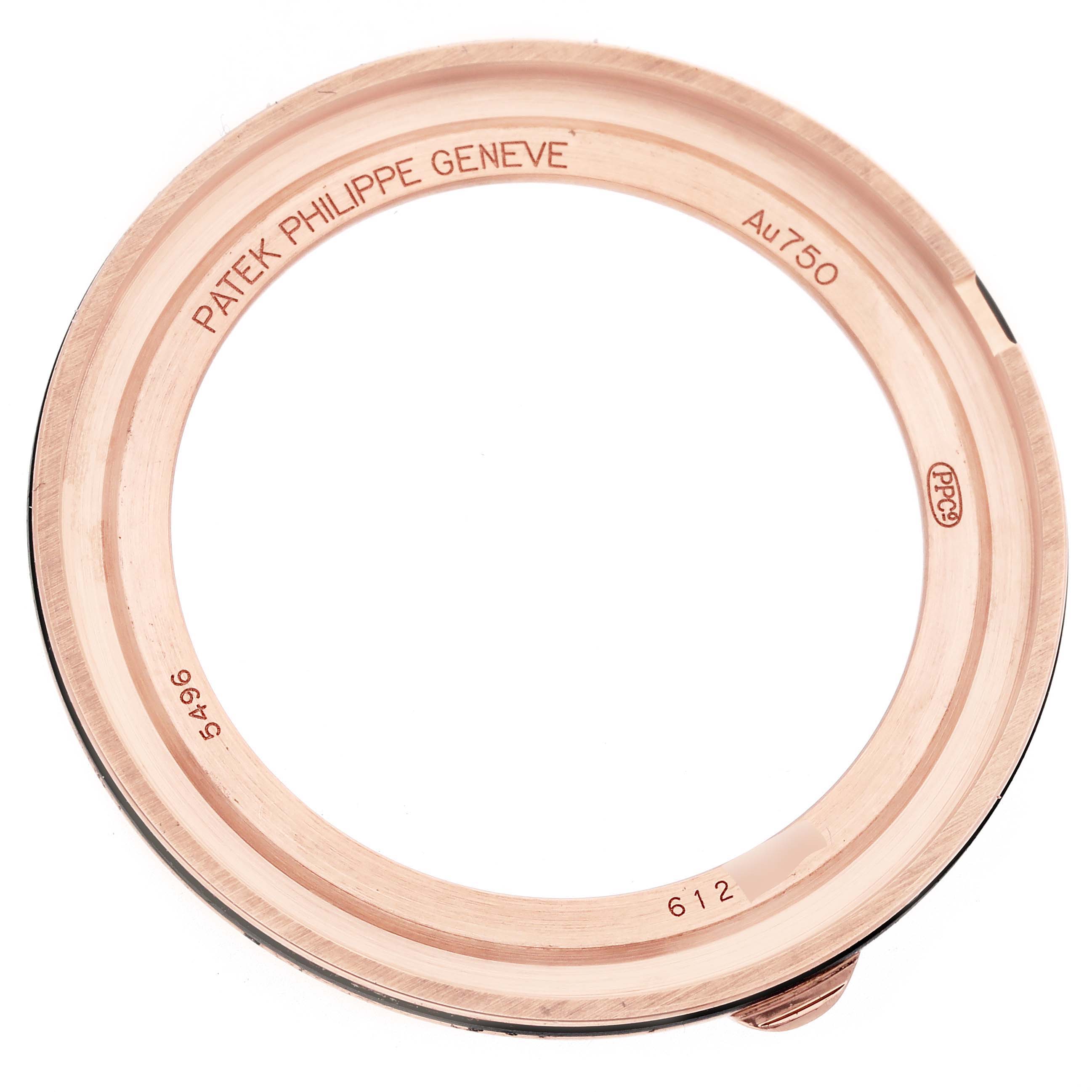 The image shows a rose gold case back ring for a Patek Philippe Complications 5496R-001 Men
s Rose Gold Silver Dial 5496R-001 Men
s Rose Gold Silver Dial model, viewed from above.