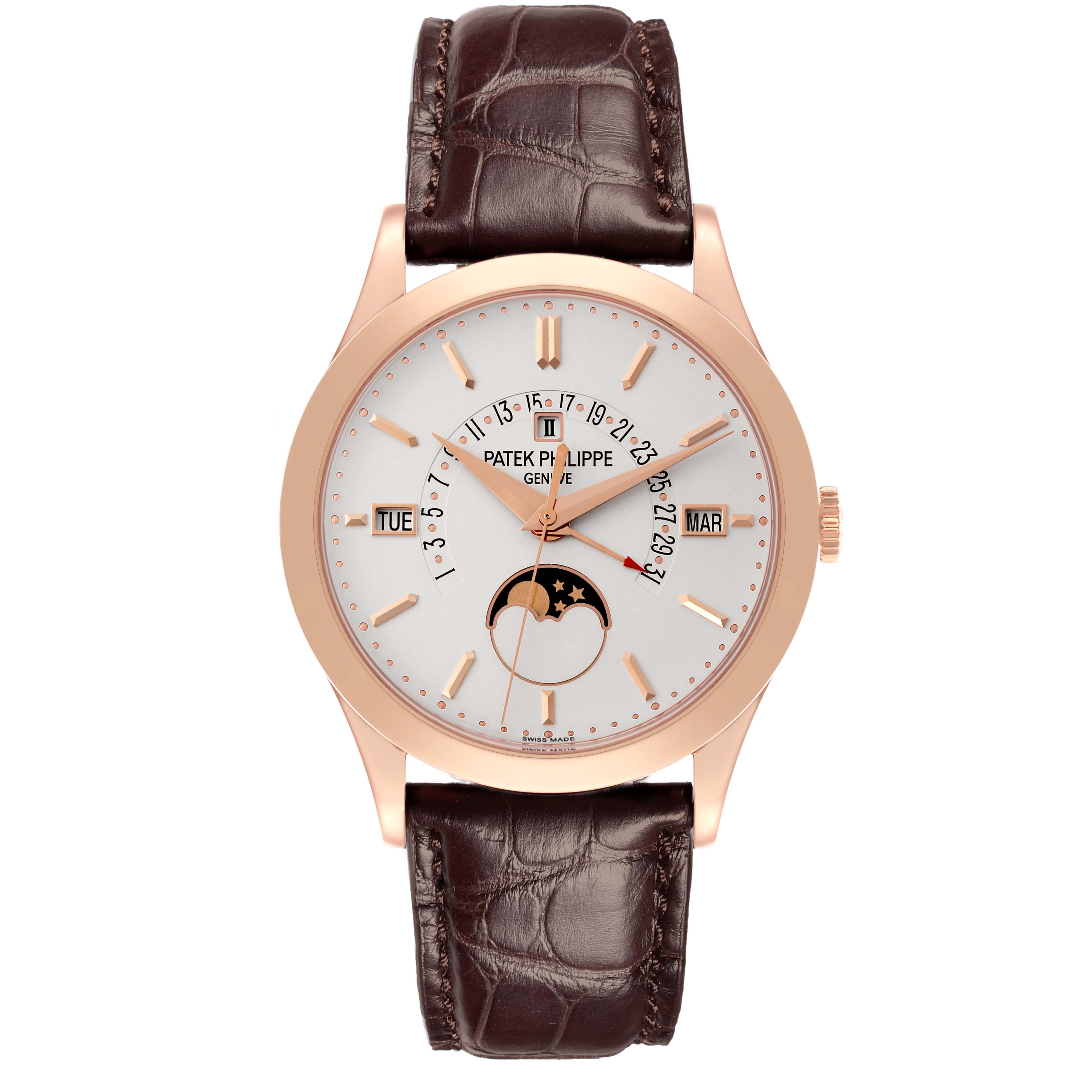 The Patek Philippe Complications 5496R-001 Men
s Rose Gold Silver Dial 5496R-001 Men
s Rose Gold Silver Dial watch is shown from the front, displaying the dial, moon phase, and leather strap.