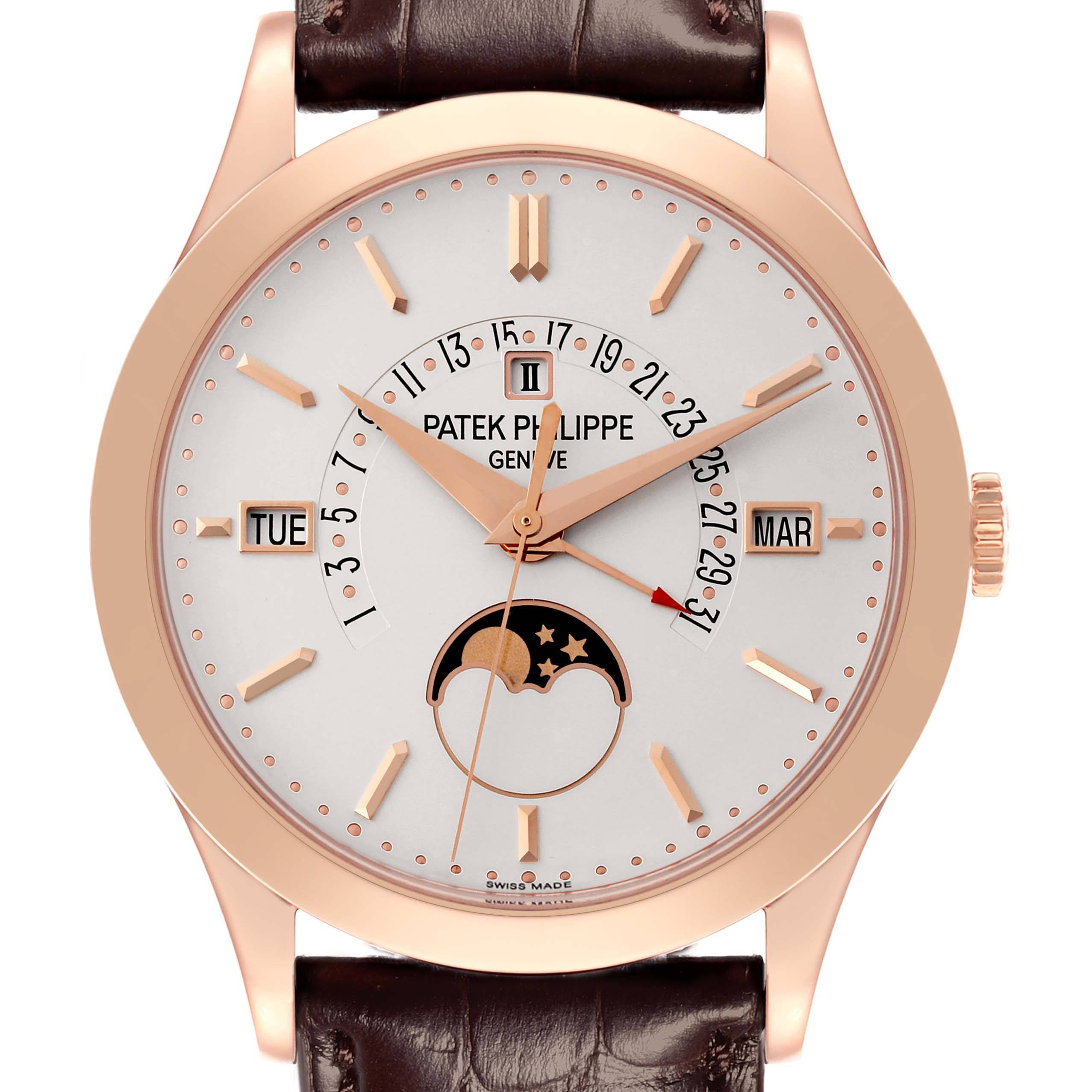 The Patek Philippe Complications 5496R-001 Men
s Rose Gold Silver Dial 5496R-001 Men
s Rose Gold Silver Dial watch is shown face-on, displaying the dial, hands, moon phase, date, day, and month indicators.