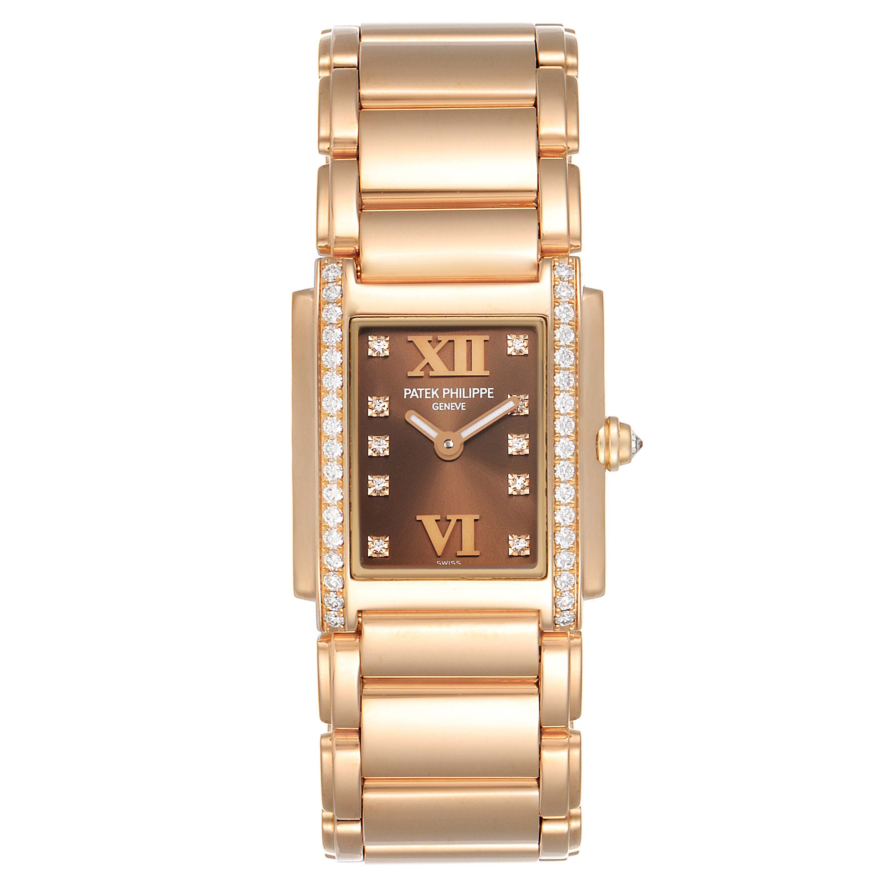 This image shows a front view of the Patek Philippe Twenty-4 4908/11R Women's Rose Gold Brown Dial 4908/11R Women's Rose Gold Brown Dial watch with its face, bracelet, and diamond accents clearly visible.