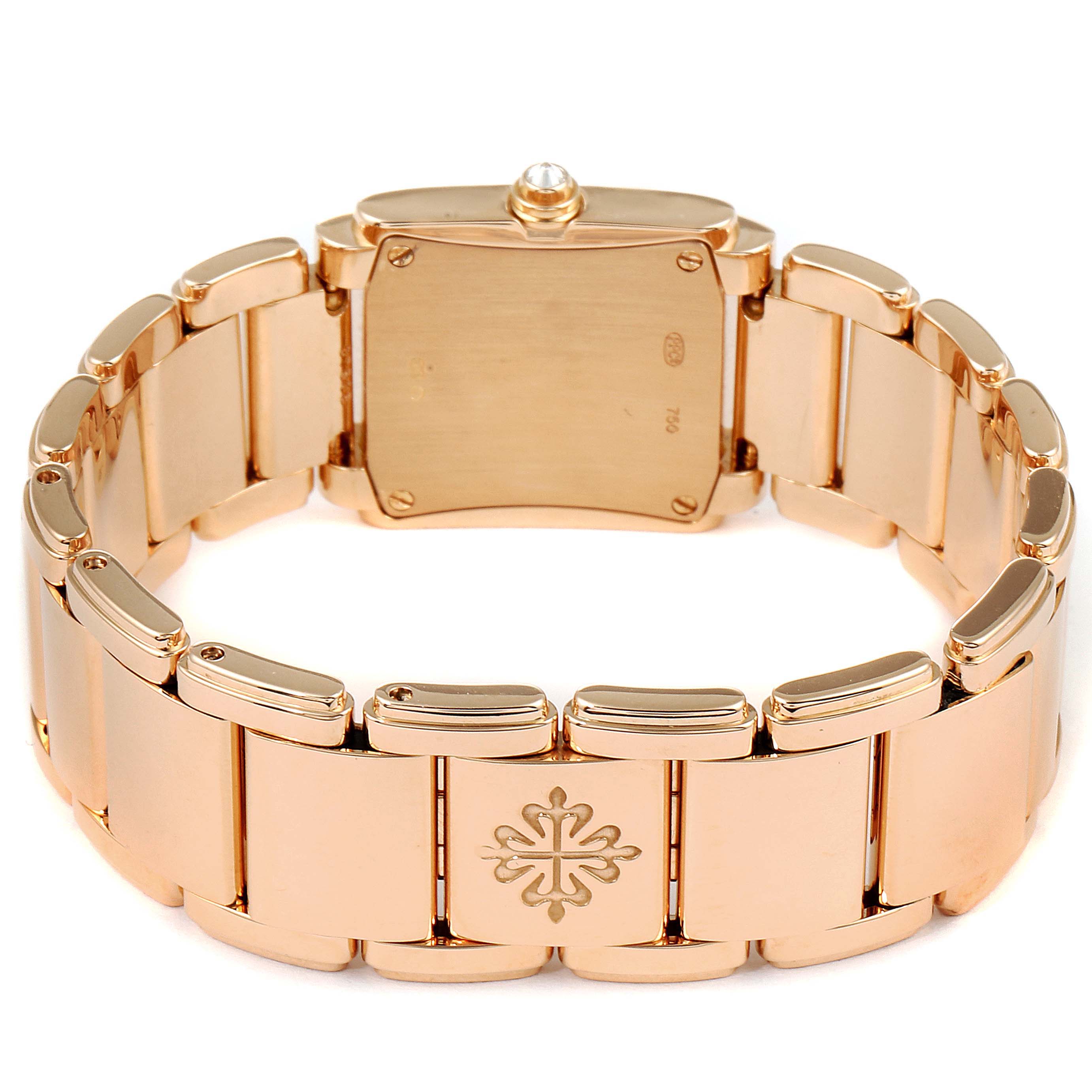 The image shows the back view of the Patek Philippe Twenty-4 4908/11R Women's Rose Gold Brown Dial 4908/11R Women's Rose Gold Brown Dial model watch, highlighting its rose gold bracelet and clasp.