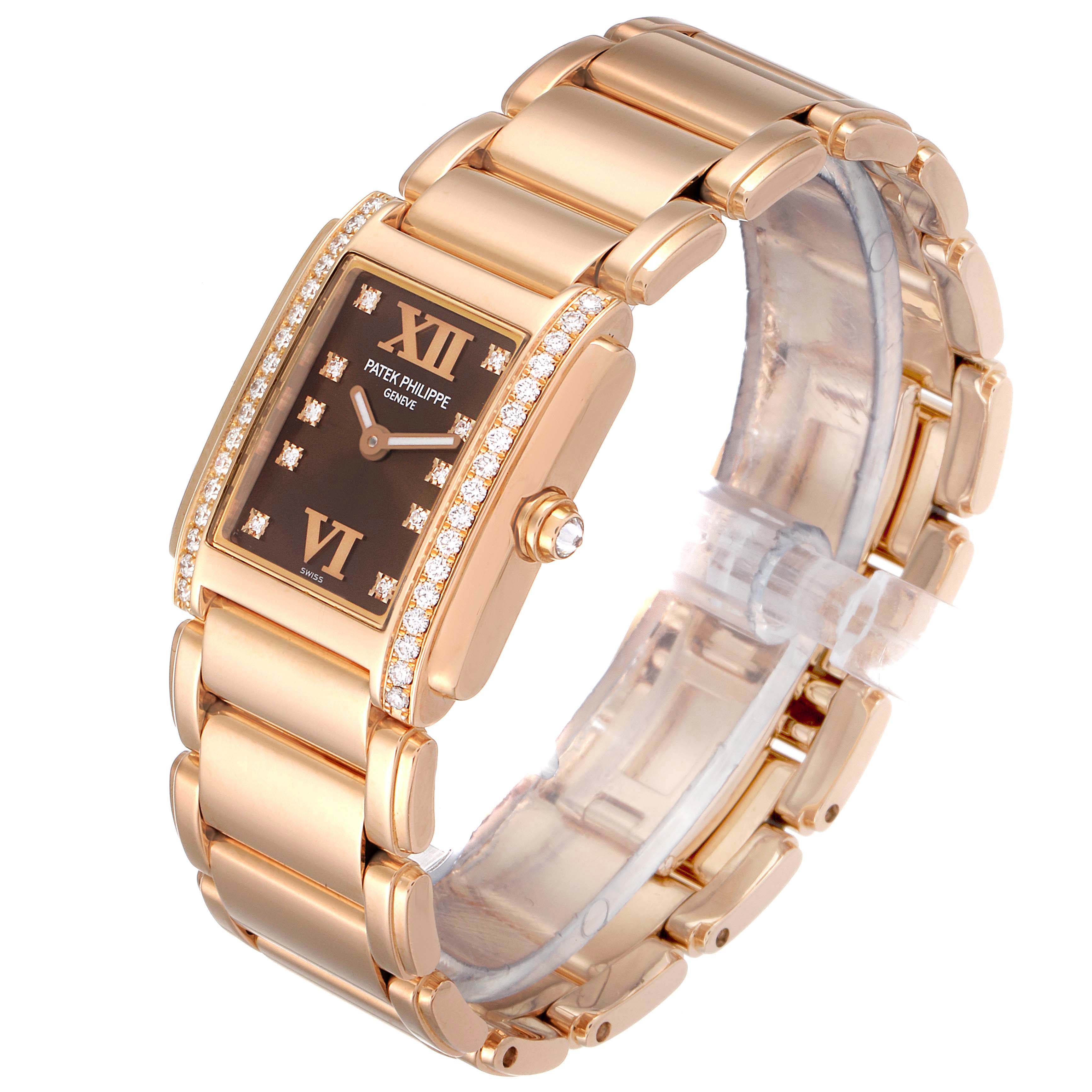 The image shows a Patek Philippe Twenty-4 4908/11R Women's Rose Gold Brown Dial 4908/11R Women's Rose Gold Brown Dial watch at a three-quarter angle, highlighting its gold bracelet, diamond-encrusted bezel, and brown dial.