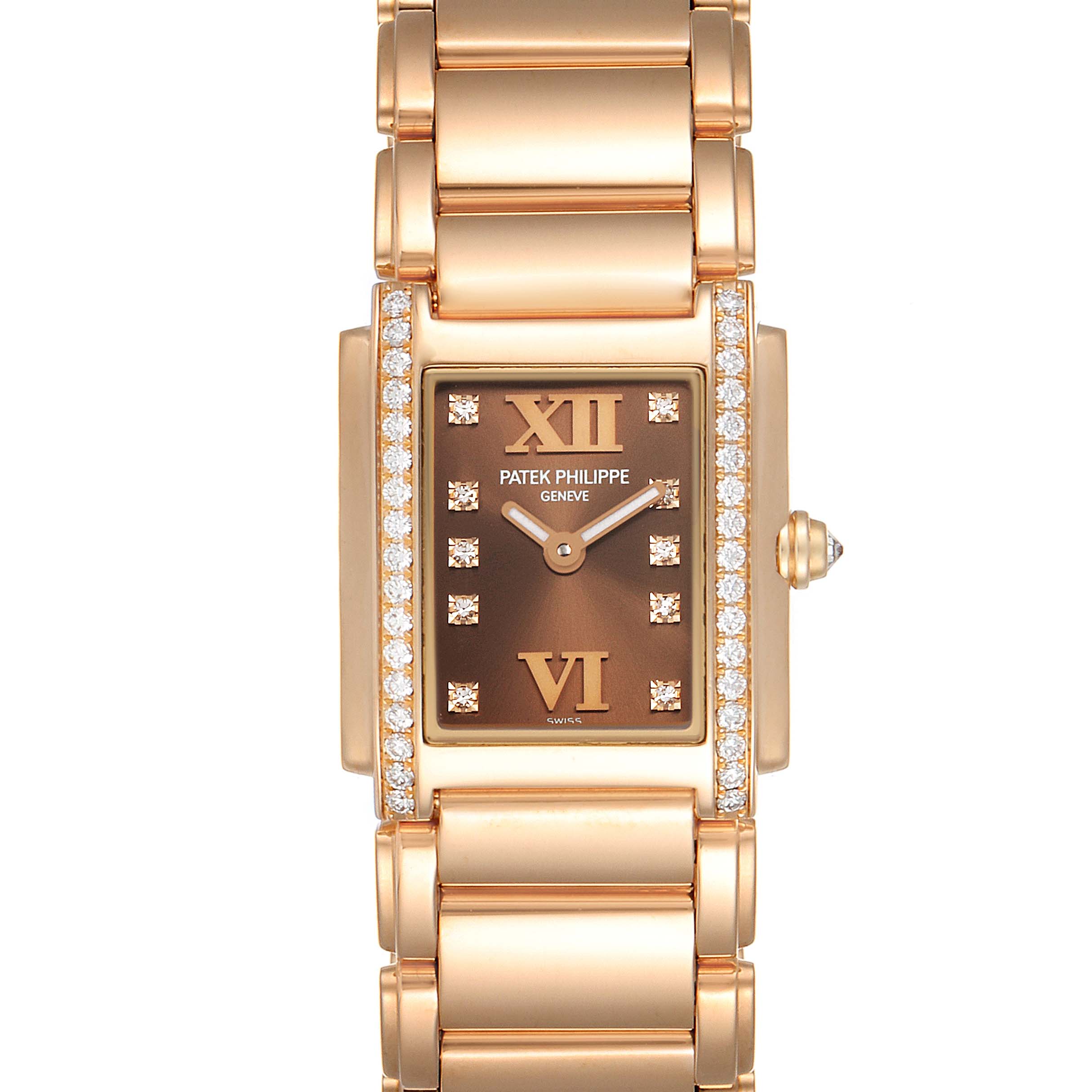 This image shows a front view of a Patek Philippe Twenty-4 4908/11R Women's Rose Gold Brown Dial 4908/11R Women's Rose Gold Brown Dial model watch, highlighting its gold bracelet and diamond-set rectangular face.