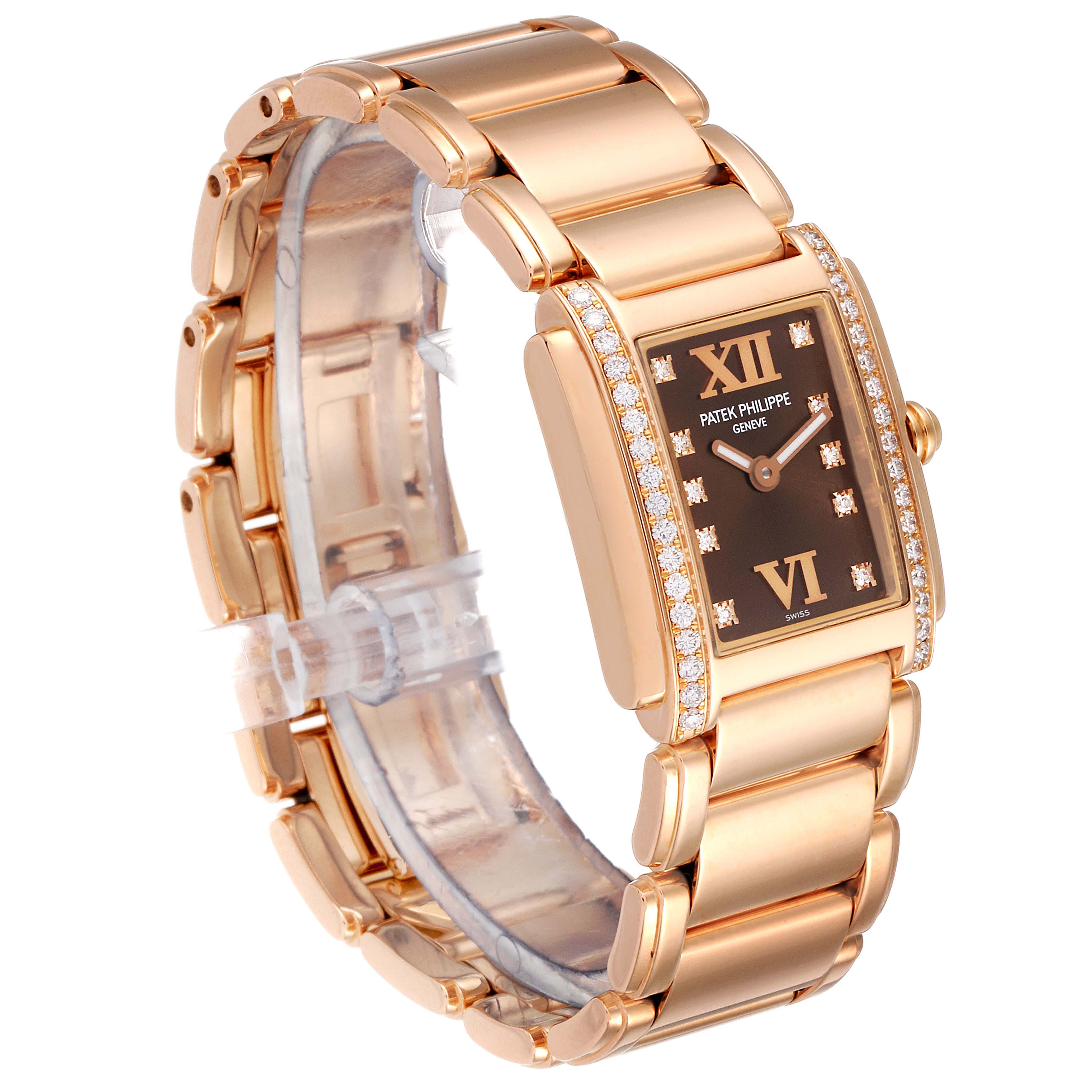 This is a Patek Philippe Twenty-4 4908/11R Women's Rose Gold Brown Dial 4908/11R Women's Rose Gold Brown Dial model watch shown at a three-quarter angle, highlighting the bracelet, bezel, and dial.
