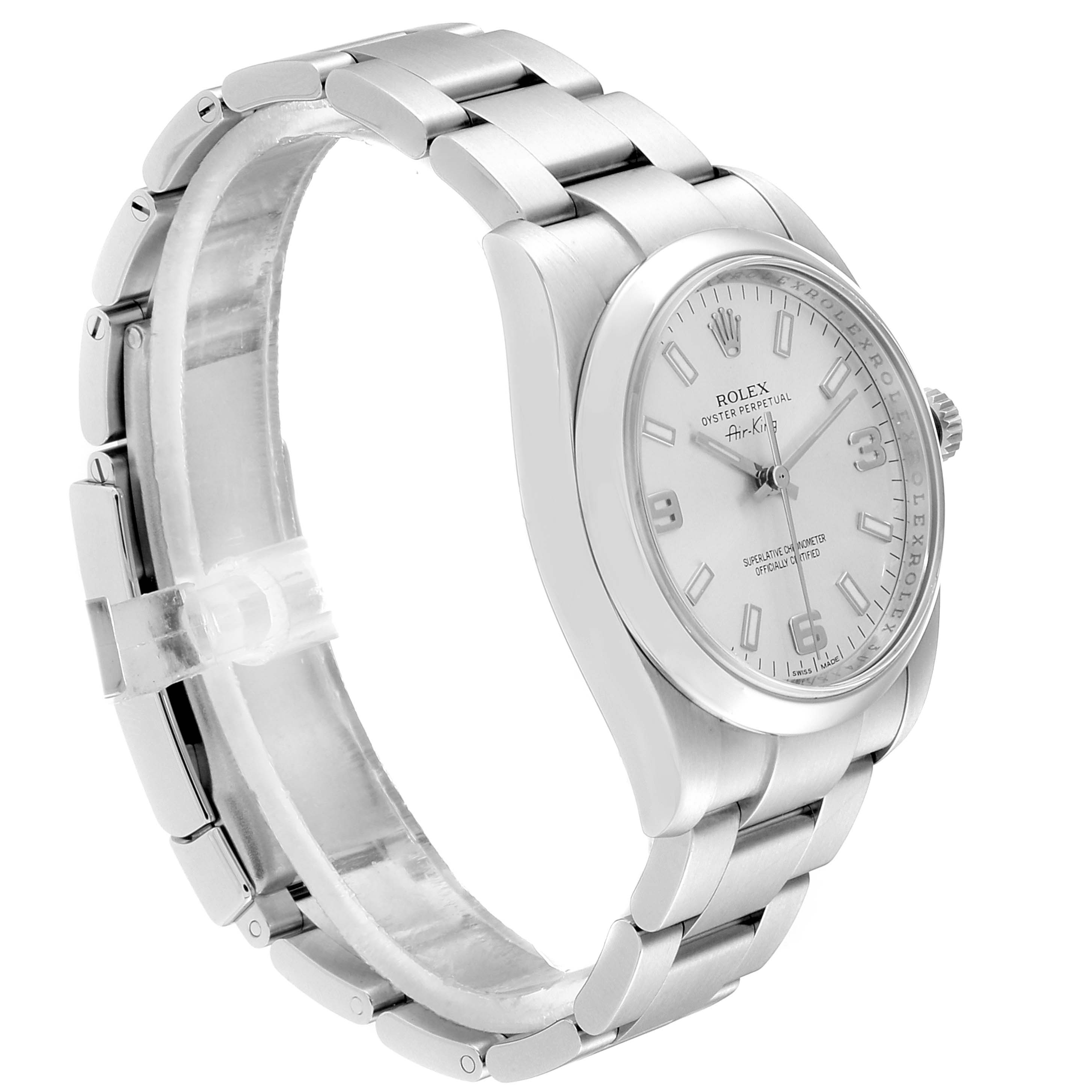 The image shows a side-angle view of a Rolex Air-King 114200 Men's Stainless Steel Silver Dial 114200 Men's Stainless Steel Silver Dial watch, highlighting the bracelet, case, and face.